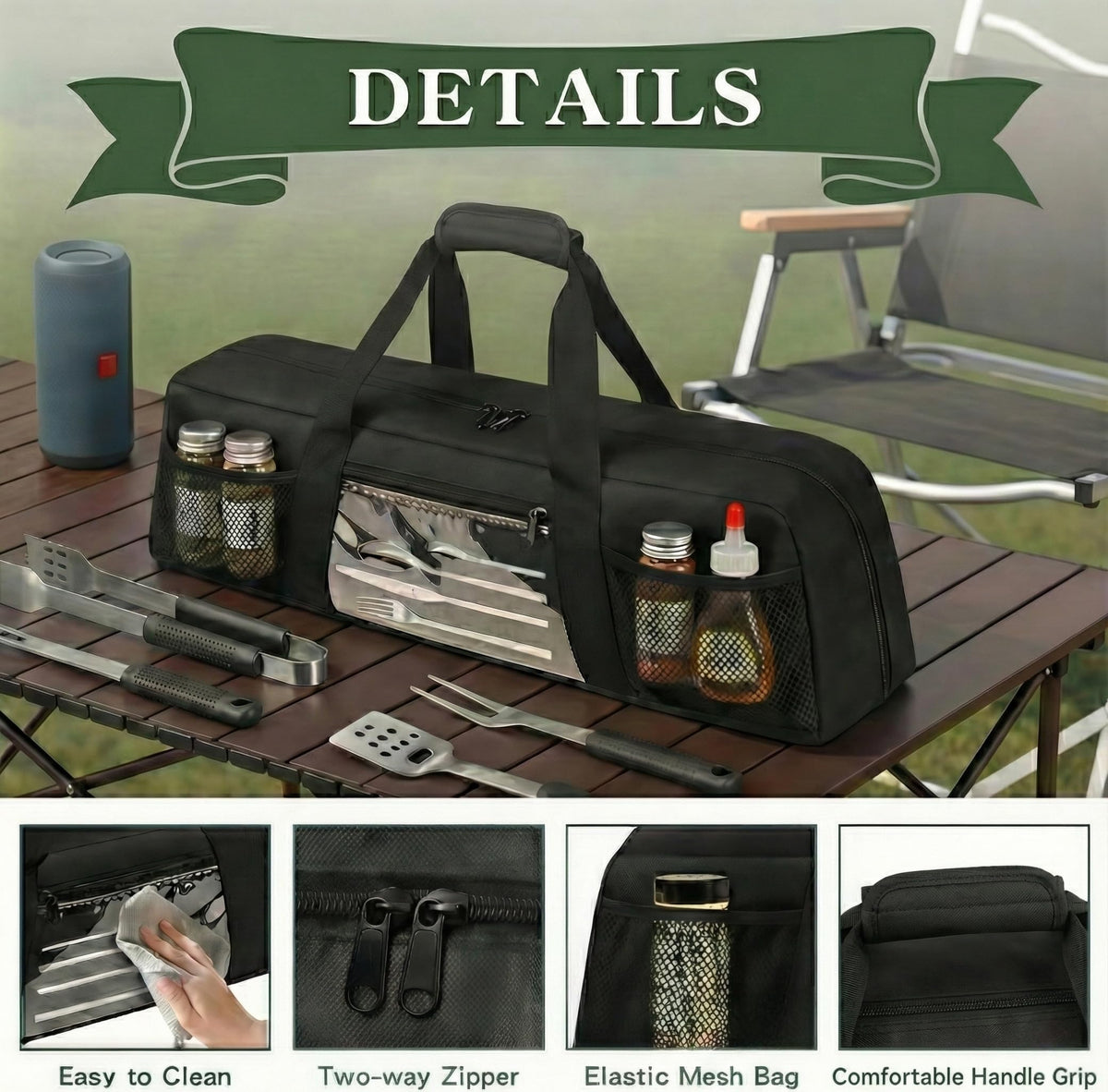 Chrysoippotis Grill Utensil Storage Bag, Large Grill Tool Storage Caddy with Pockets, BBQ Outdoor Tool Storage Bag for Grilling, Camping, Picnic Accessories (22" L×6.5" W×7.2" H, Bag Only)
