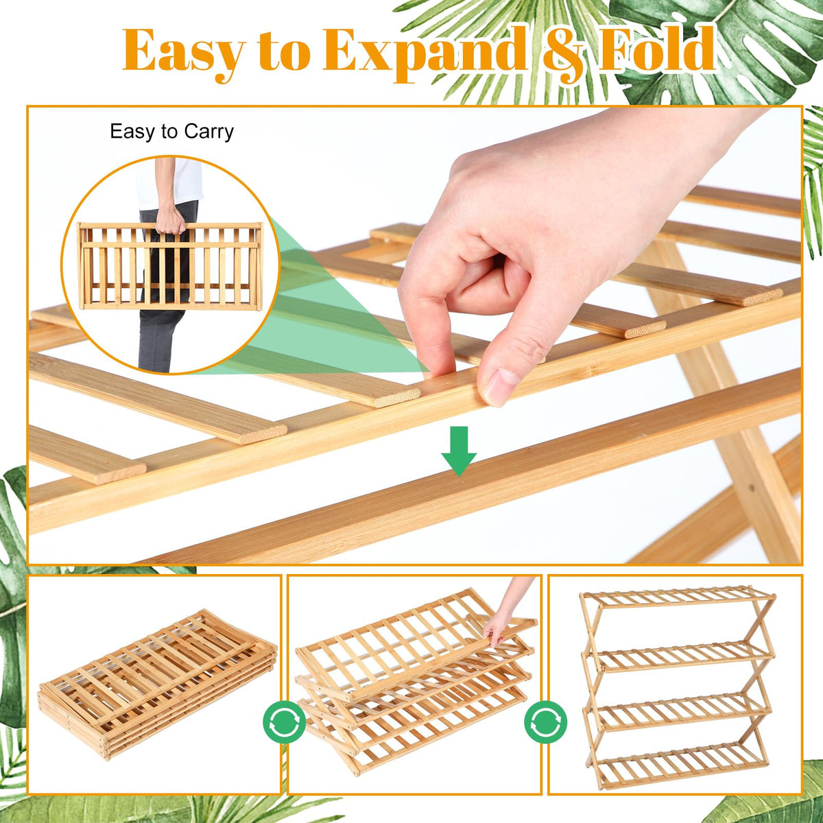 Leinuosen 4 Tier Wooden Plant Stand 27" x 27" x 10" Foldable Bamboo Display Rack Organizer Multiple Plant Shelf Flower Pot Holder Lightweight Portable Bamboo Shelf for Picnic Garden Patio Indoor
