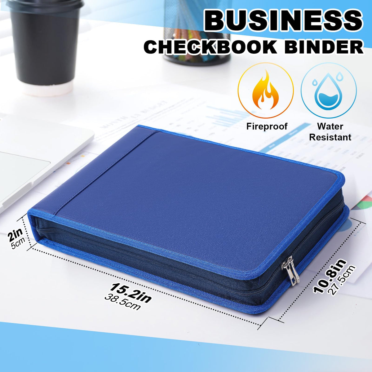 Henoyso 7 Ring Fireproof Business Checkbook Binder with Zipper 1.5 Inch D Rings Check Binder 9 x 13 Inch Checks 600 Sheets Capacity Built in Storage Organizer for Office Storage(Dark Blue)