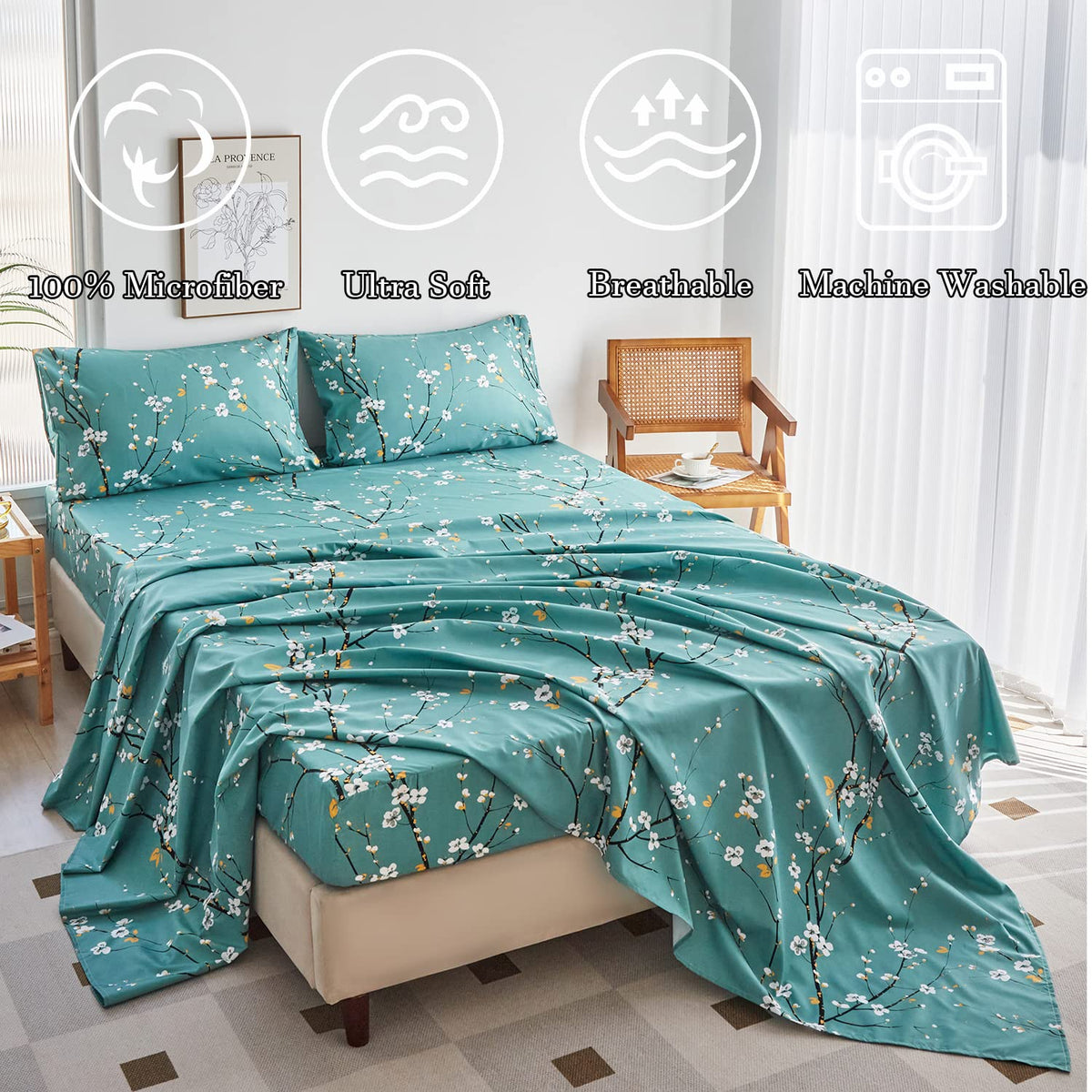 ZRNBAST Teal Sheet Set 4 Pcs King Sheet Set Floral Print Flat Sheet Fitted Sheet Farmhouse Style Chic Bedding Sheets Easy Fit Microfiber Sheets-All Seasons (Teal, King)