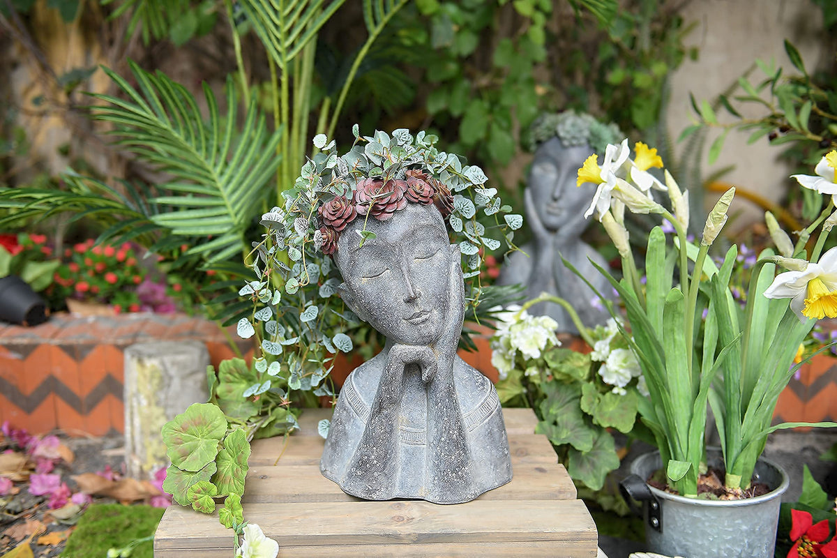 Newman House Studio Head Planter Girl Sculpture Large Face Flower Pot Succulents Cactus Pot for Home Garden Decor, Set of 2