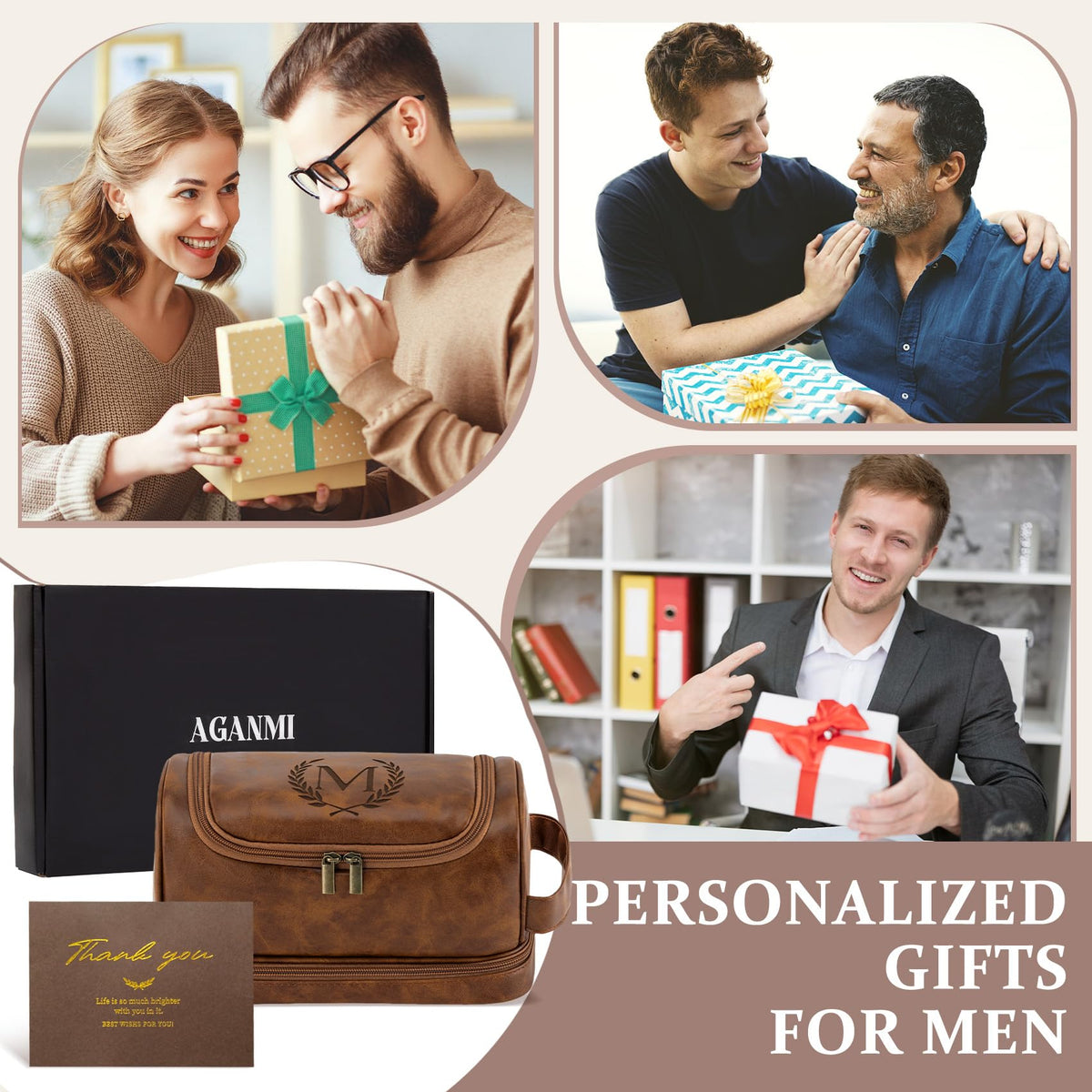 Aganmi Personalized Gifts Travel Toiletry Bag for Men Him, Laser-Engraved Initial PU Leather Waterproof Shaving Bag Christmas Birthday Gift for Men Dad Husband Boyfriend Groomsmen, Light Brown M
