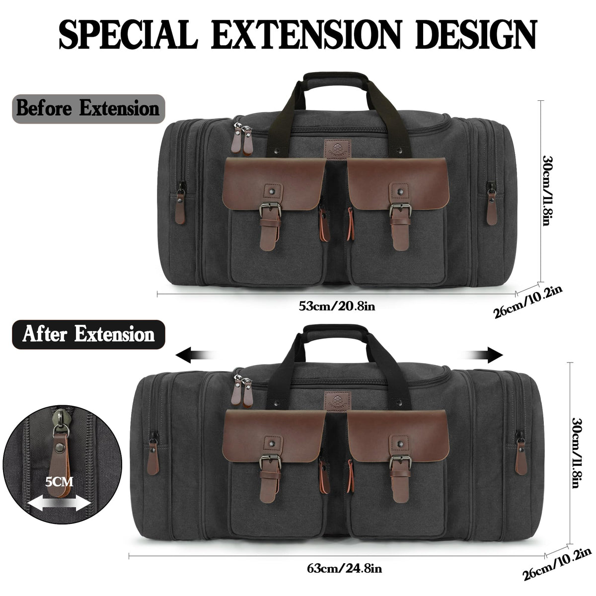 Densata Canvas Duffle Bag for Men 50L Travel Duffel Bags Expandable Genuine Leather Overnight Weekender Carry On Bag Two Zipper Pockets Travel Bag (Black, Large-50L)