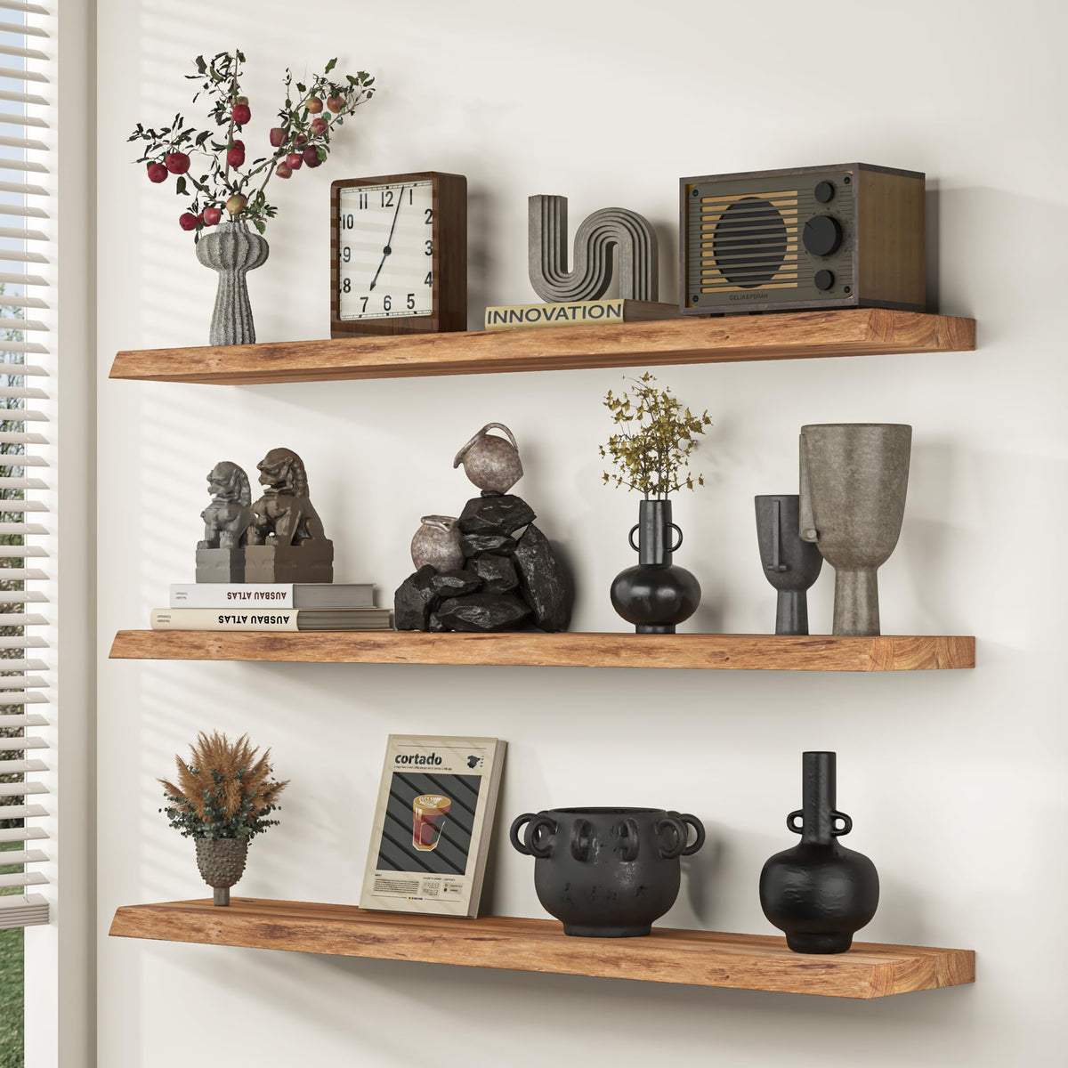 Fun Memories Floating Shelves for Wall, 24"x9.3" Solid Wood Floating Live Edge Shelf, Heavy-Duty Wall Shelf with Invisible Brackets, Set of 2 for Living Room, Bedroom, and Kitchen, Natural Finish