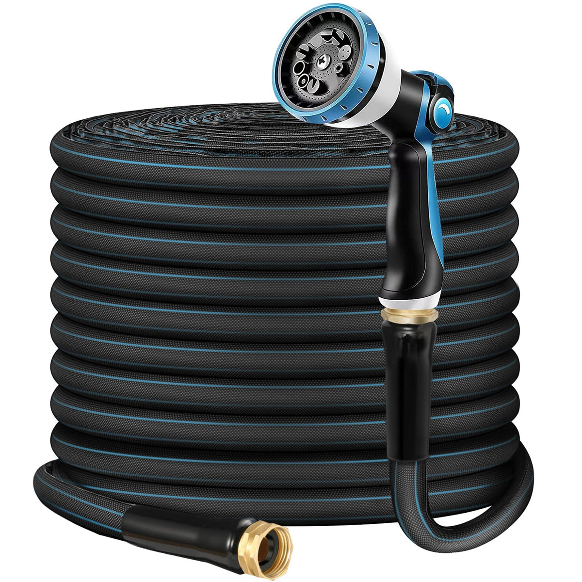 Non-Expanding Garden Hose 100ft – Flexible, Burst-Resistant, Anti-Kink, 10-Function Spray Nozzle, Lightweight & Durable for Outdoor Use(Blue or Green)