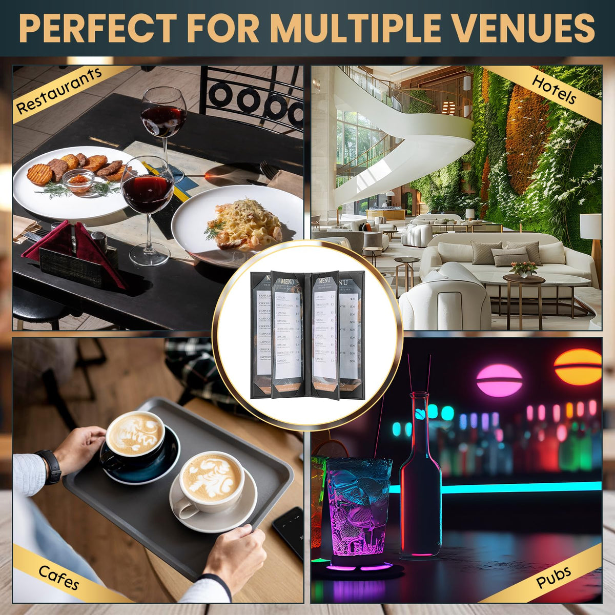 AMGSH 12 Pack 6 View Menu Holder Menu Covers 4.25" x 11" | Black Leather Menu Sleeves Book Style for Restaurant Coffee Bars Wine List