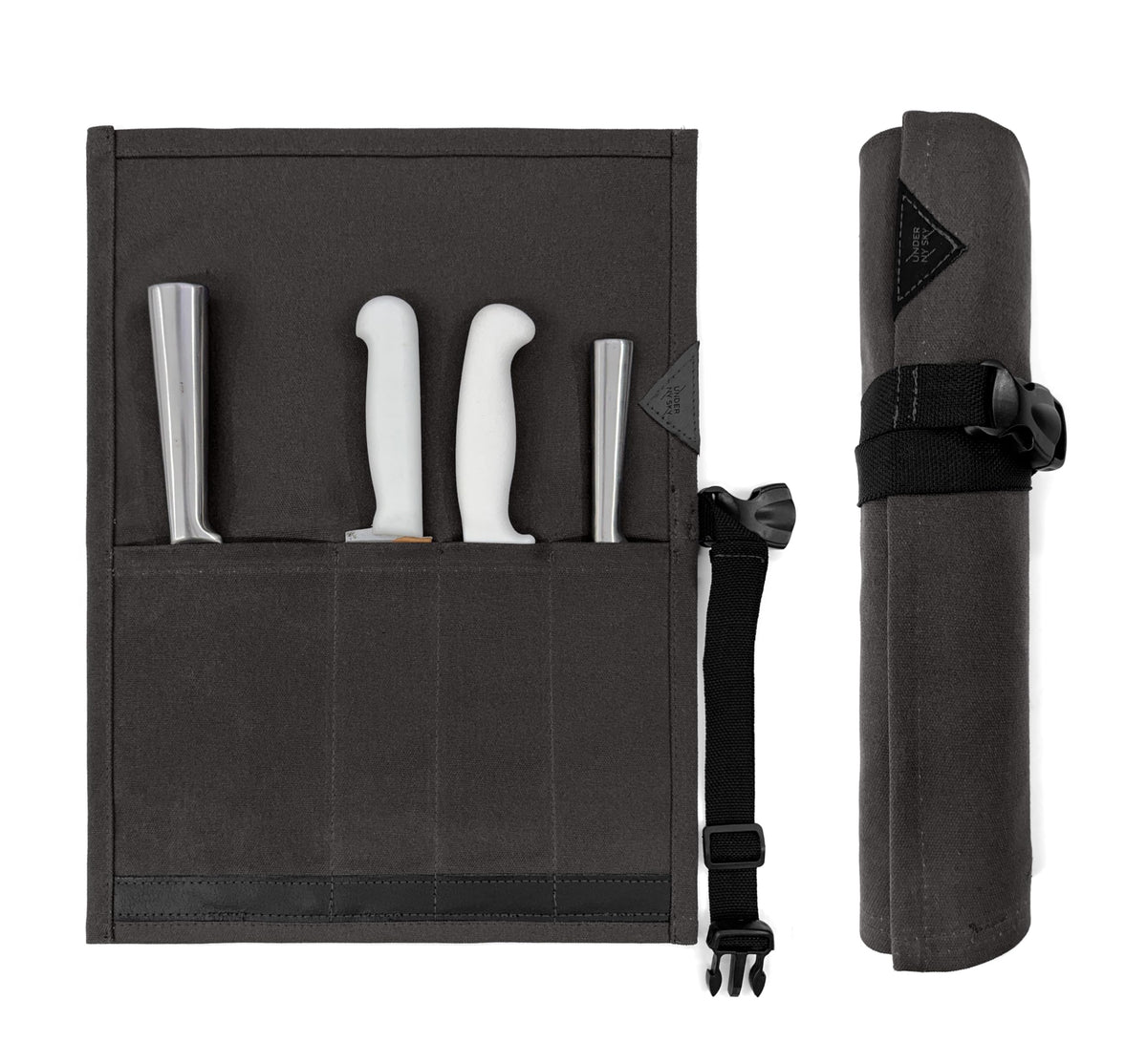 Under NY Sky Knife Roll Case - 4 Slots - Heavy Duty Waxed Canvas Pouch - Leather Reinforced - Portable Bag for Cooking Tools, Utensils, Cutlery Knives, Brushes - Chefs, Kitchen, Travel, Gift - GrayCV