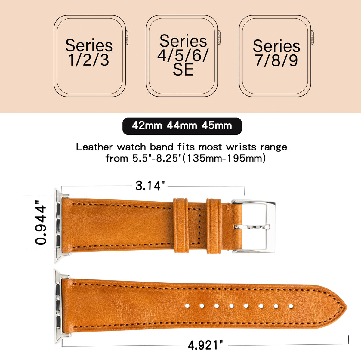 Gomvadr Leather Bands Compatible with Mens Apple Watch Band 42mm 44mm 45mm, Replacement Band Leather Strap for Men's iWatch Series 9 8 7 6 5 4 3 2 1 SE3/2/1 (Yellow/Silver Buckle, 45mm/44mm/42mm)