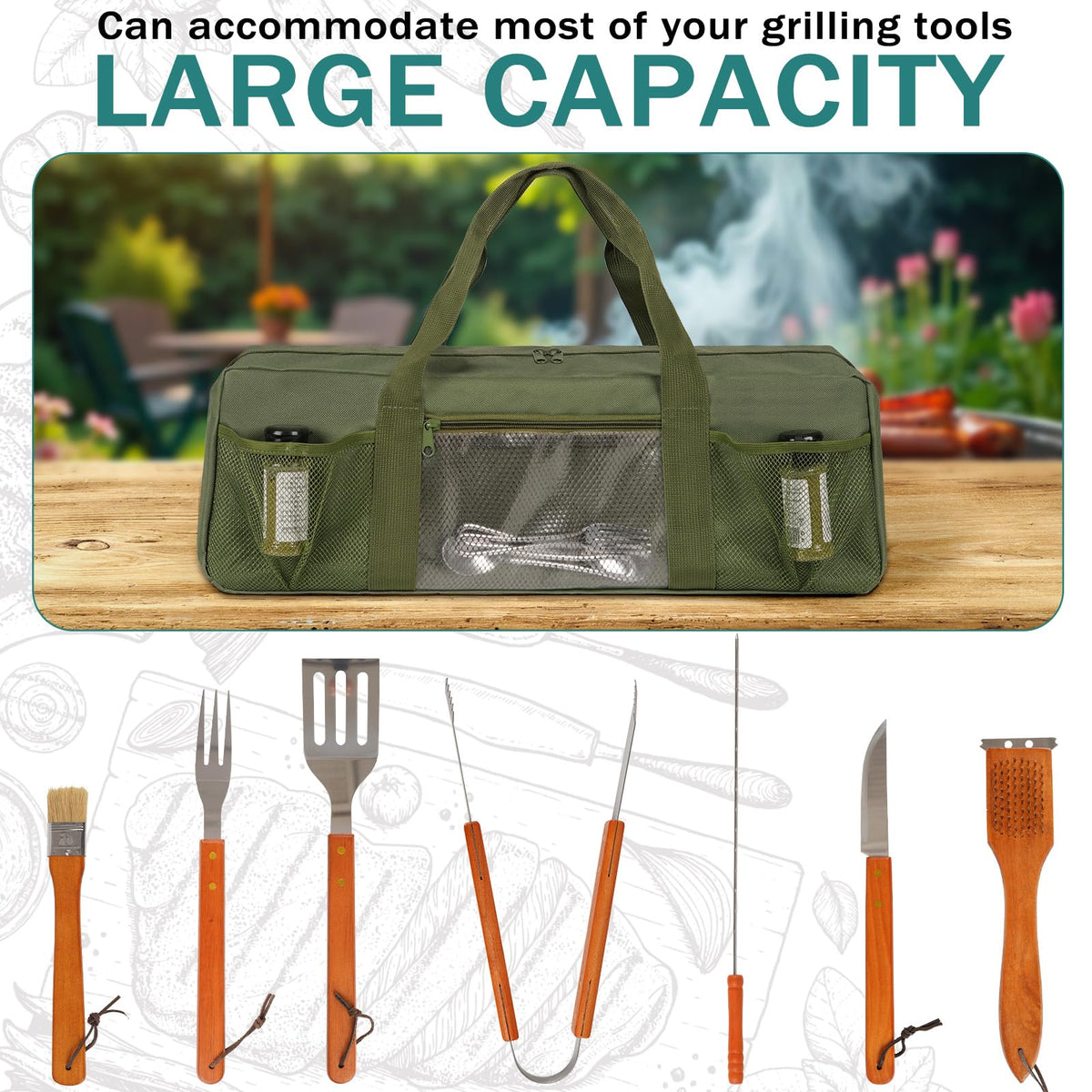 Frjjthchy Grill Tool Storage Bag, Large Grill Utensil Storage Caddy with Pockets, Portable Grill Accessory Storage Bag for Outdoor Camping & BBQ (Green)