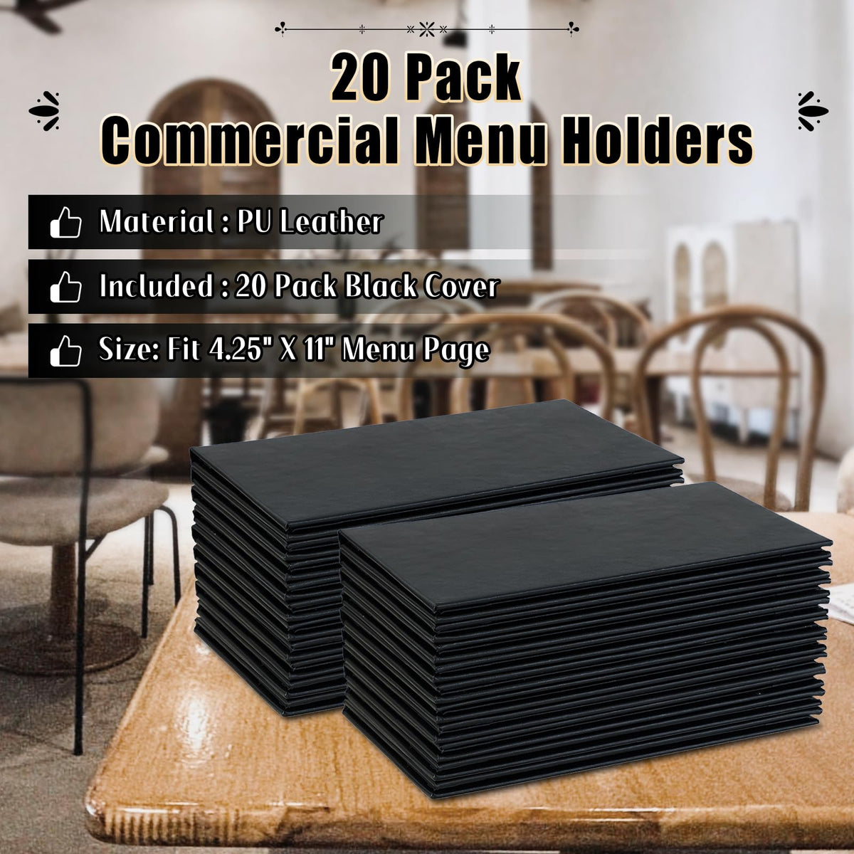FLKQC 20 Pack Restaurant Menu Covers Holders 4.25" X 11", 2 Pack 2 View Synthetic Leather Menu Holder Covers Book Style with Angled Corners Black for Wine List, Morning Menu, Wine Menu (20, 2 Page)