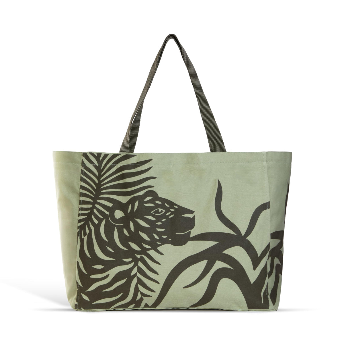 Wild Harmony Canvas Bag – Tiger Print Cotton Bag with Khaki Webbing Handles, Interior Pocket - 3 Color Options (khaki)