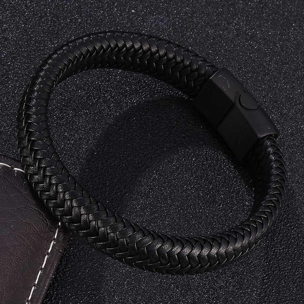 Silverso Men's Leather Bracelet, Stackable Stainless Steel Clasp Bracelets for Men Stylish Birthday, Thanksgiving, Valentine's Day Gift for My Man (7.8" Pure Black)