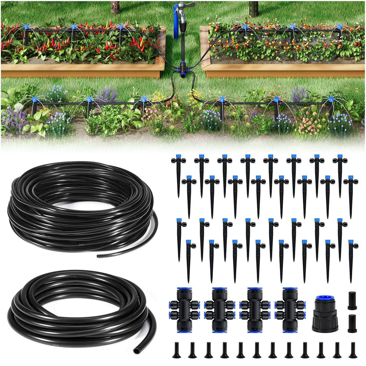 HIRALIY 200FT Garden Watering System, Drip Irrigation Kits for Plants, New Quick Connector, Blank Distribution Tubing, Saving Water Automatic Irrigation Equipment for Patio Lawn