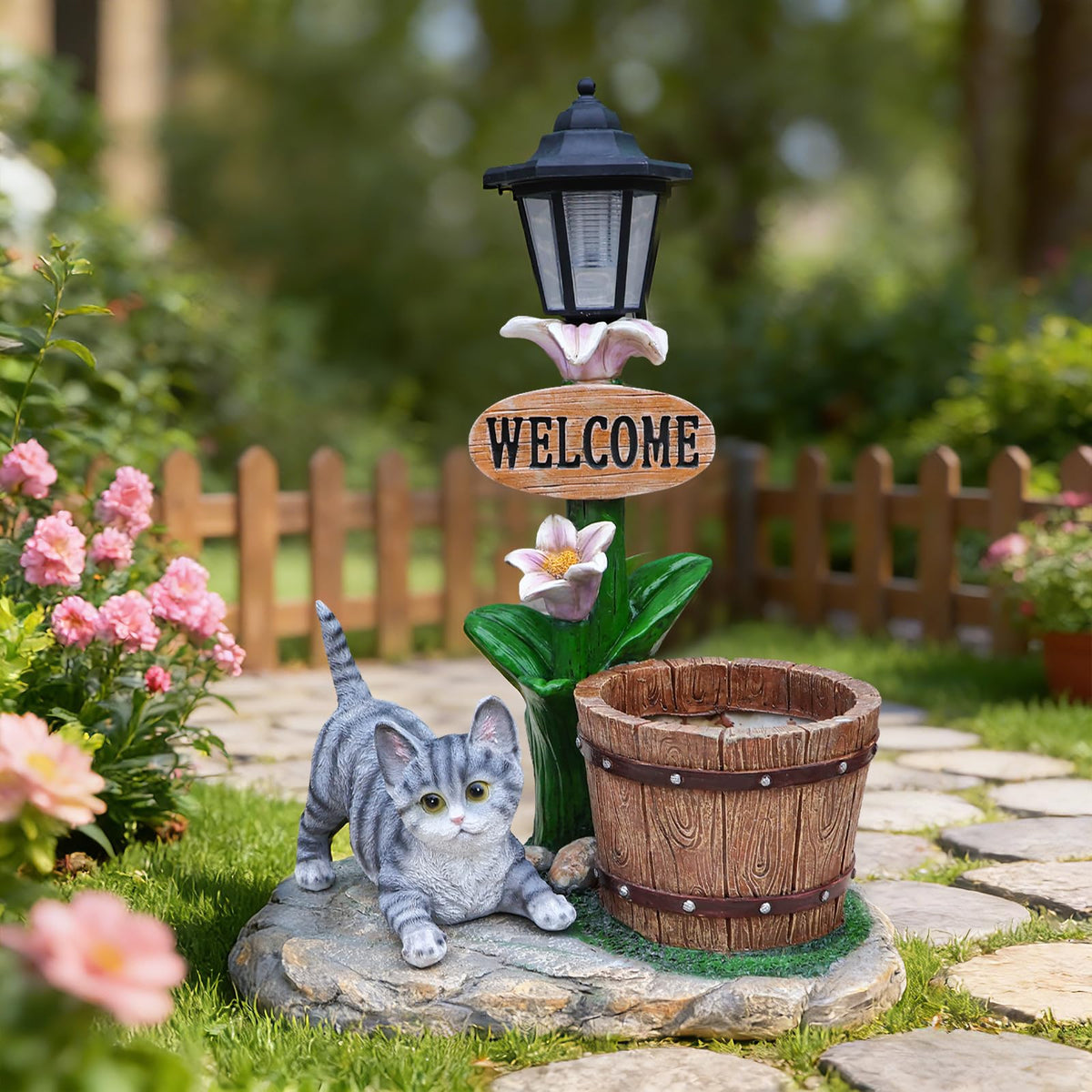 UNOIRNM Gray Tabby Cat Garden Statue - with Solar Lantern and Wooden Pail Planter, 20" Tall Outdoor Resin Welcome Cat Figurine for Patio Decor, 9.2 lbs Large Animal Sculpture, 15.4" Length