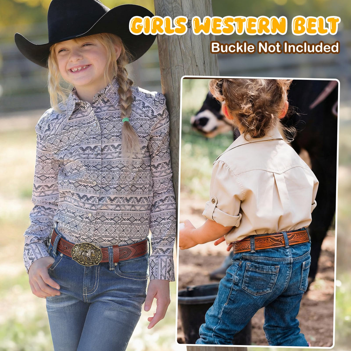 SANSTHS Kids Western Belt without Buckle Genuine Leather Boys Girls Belt Strap Cowgirl Cowboy Belts for Jeans Western Gifts, Embossed Bull/Brown Coffee