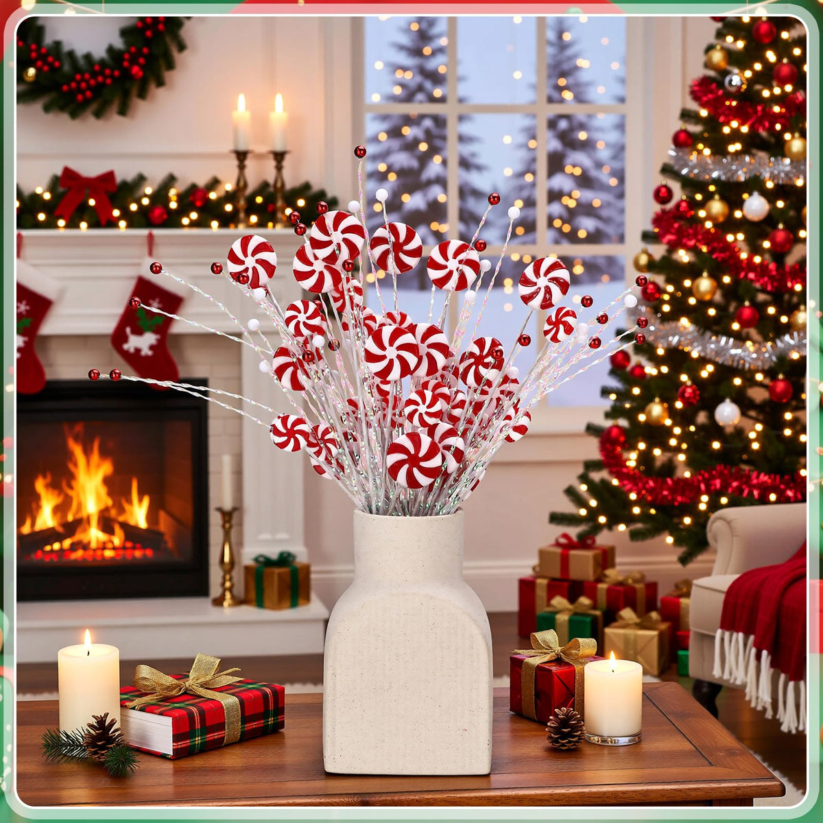 Suncalla 6 Pcs Candy Cane Christmas Tree Picks Red White Artificial Decoration Flower Vase Filler Ornament Christmas Tree Picks for Table Centerpiece DIY Home Wreath Decor