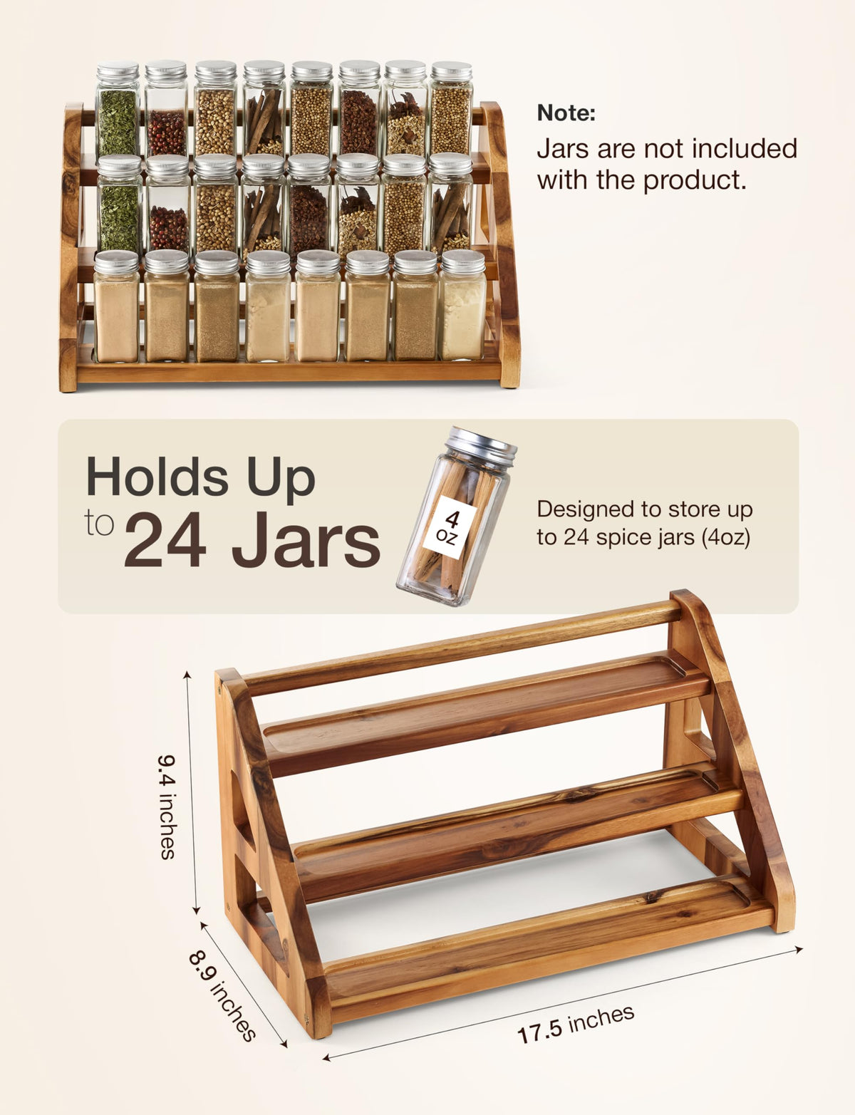 Tinamo Acacia Wood Spice Rack for Countertop - Wooden Tray Holds 24 Jars Spice Racks Organizer for Storage Shelf - 3 Tiered Spice Rack Organizer for Cabinet - Spice Shelf for Kitchen Pantry (Acacia)