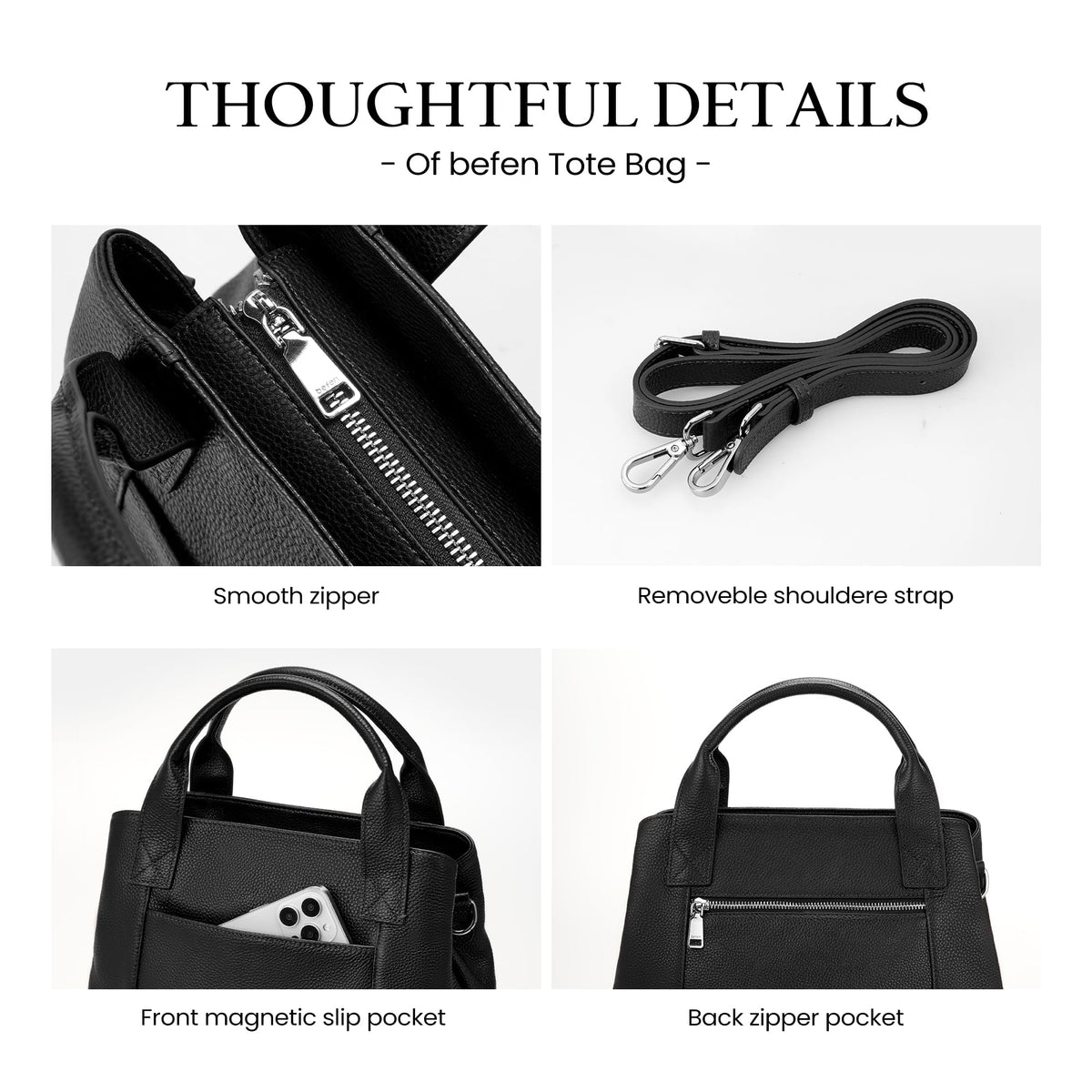 befen Black Leather Tote Bag for Women Trendy, Womens Top Handle Purse Crossbody Shoulder Handbags for Work, Travel, Office, Outdoor