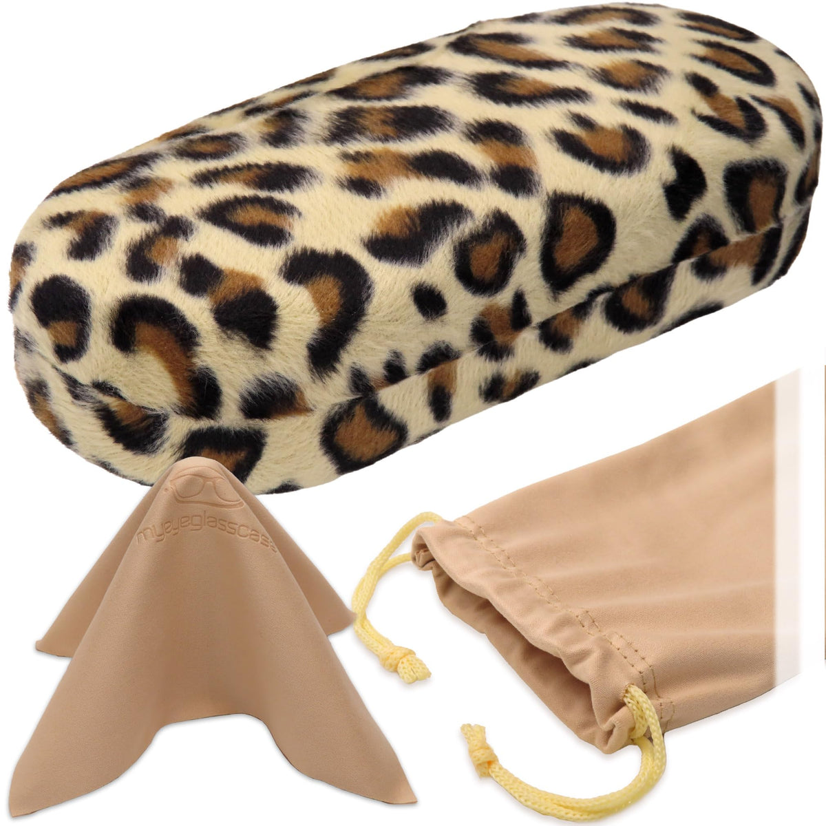 MyEyeglassCase - Premium Leopard Animal Print Hard Shell Sunglass Case with Microfiber Pouch & Cleaning Cloth - Glasses Case - Medium to Large Eyeglass Case for Men and Women (AS87 Leopard white)