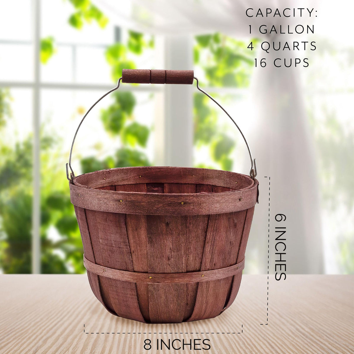 Cornucopia Brands Round Wooden Baskets (2-Pack, Dark Brown); Wood Fruit Buckets w/Handle, Gallon Capacity