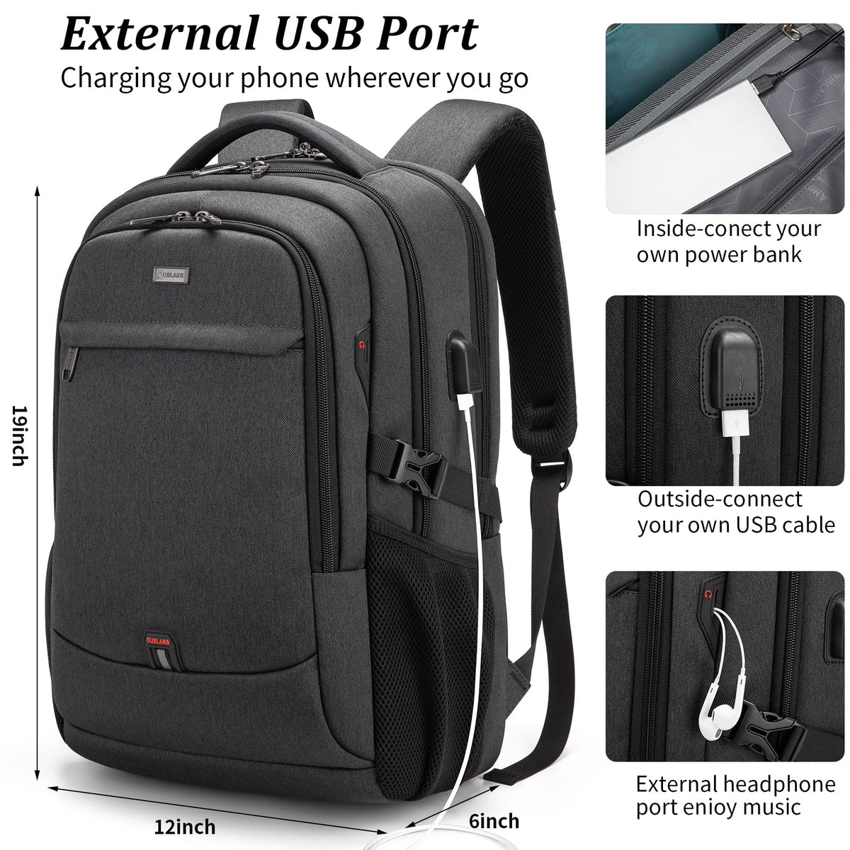 DUSLANG 17 Inch Laptop Backpack for Travel Water Resistant College Backpack for Men Women Laptop Bag with USB Charging Port Tablet Sleeve Bag, Black