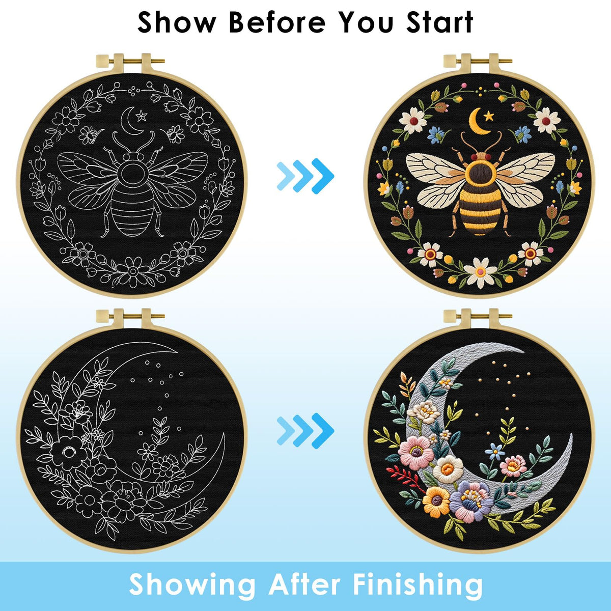 ERKOON Embroidery Kit for Beginners, 2 Set Flower Cross Stitch Set Include Embroidery Cloth Hoops Threads for Craft Lover Hand Stitch with Embroidery Skill Techniques (Bee Moon)