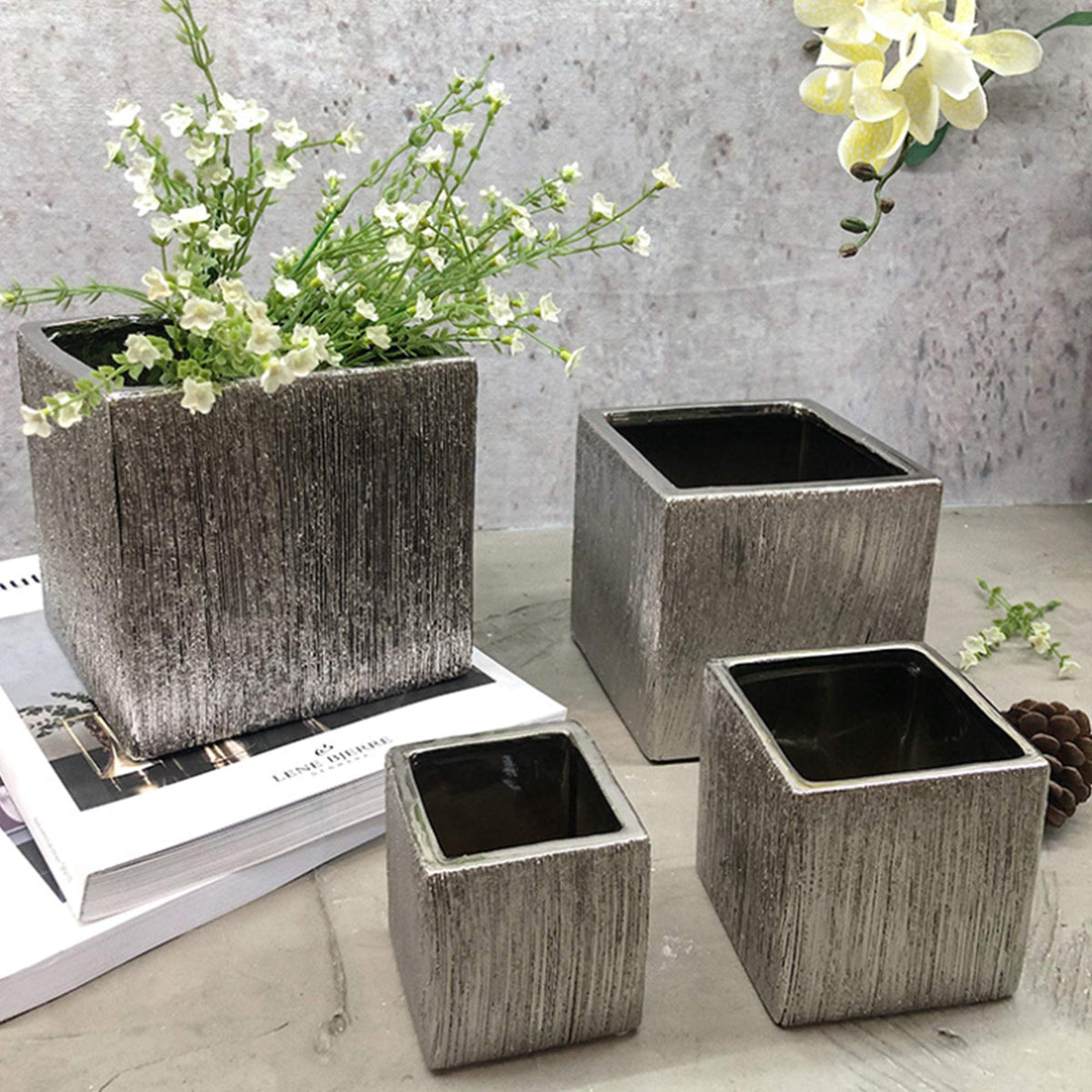 WGV Ceramic Cube Vase Width 5.5" Height 5" (Fits 5" Pot) Elegant Modern Block Square Floral Planter Terrarium Container Table Dresser for Event Accent Home Office Decor Silver Textured 1 Piece