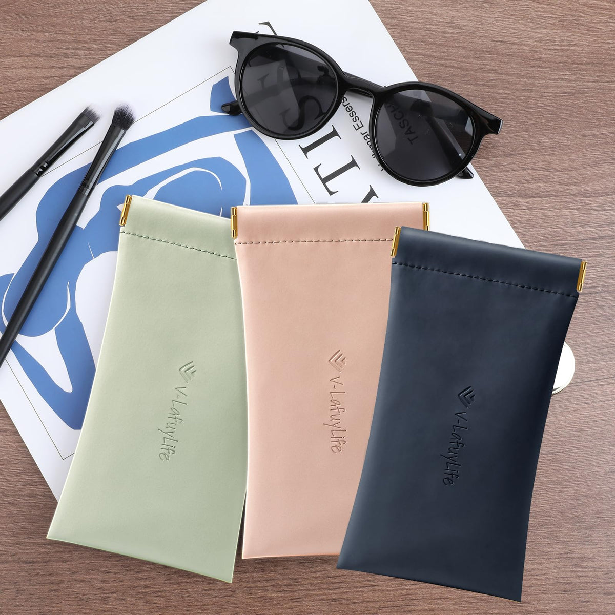 V-LAFUYLIFE 3 Pack Glasses Case Portable Soft Sunglasses Case For Women men (Pink,NavyBlue,Green)
