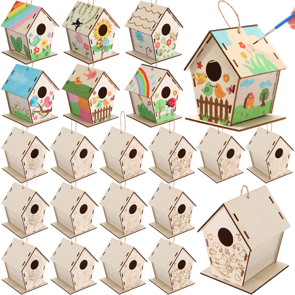 DoubleFill 24 Pack Wooden Bird House Bulk for Kids Birdhouse Kit Wood Houses for DIY Unfinished Hanging Birdhouse Kits, Wooden Craft Houses to Paint Family Camping Summer Crafts