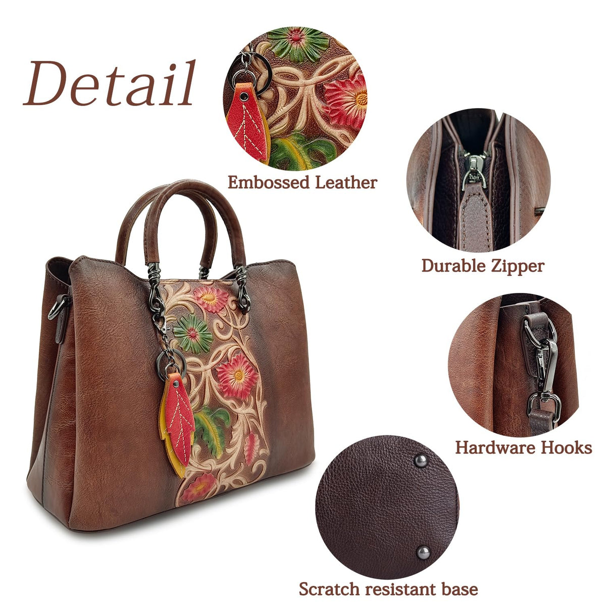 Genuine Leather Vintage Embossed Handbag for Women - Artisanal Cowhide Floral Crossbody Purse with Unique Craftsmanship (coffee)