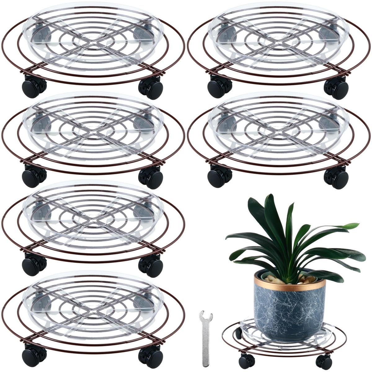 KvyusFlourish 6 Packs Large Metal Plant Caddy with Wheels 13" Rolling Plant Stands Heavy-duty Wrought Iron Plant Roller Base Pot Movers Plant Saucer on Wheels Bronze