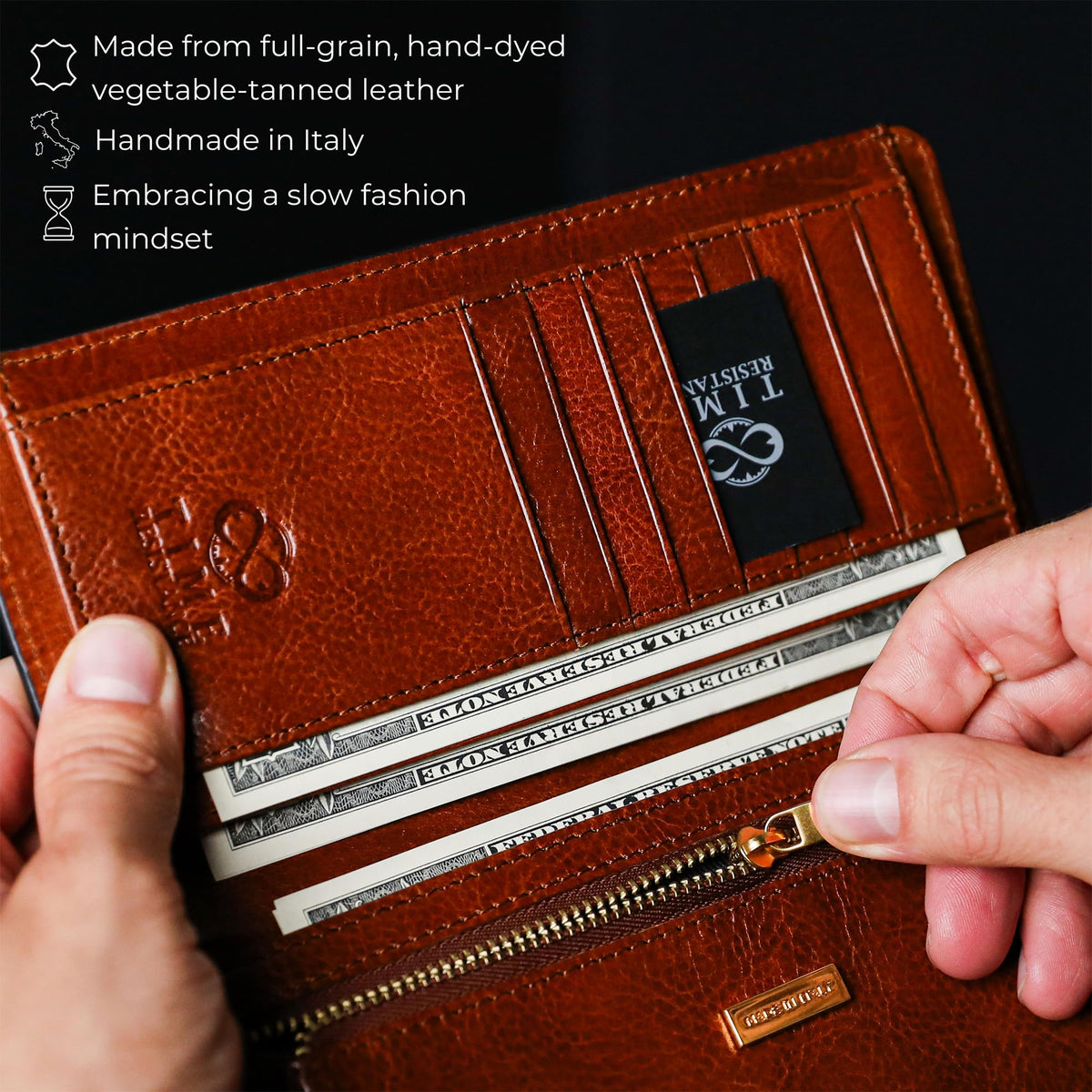 Time Resistance Long Leather Wallet - Bifold Mens Suit Leather Wallet - Checkbook Wallet - Tall Billfold Card Wallet - Slim Wallet Made in Italy (Cognac Brown)