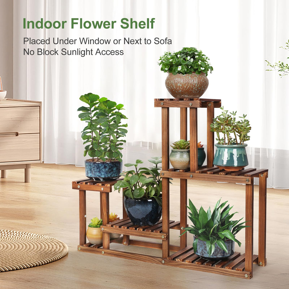 COOGOU Pine Wood Plant Stand Indoor Outdoor Multi Layer Flower Shelf Rack Higher and Lower Plant Holder in Garden Balcony Patio Living Room (4 Tiers )