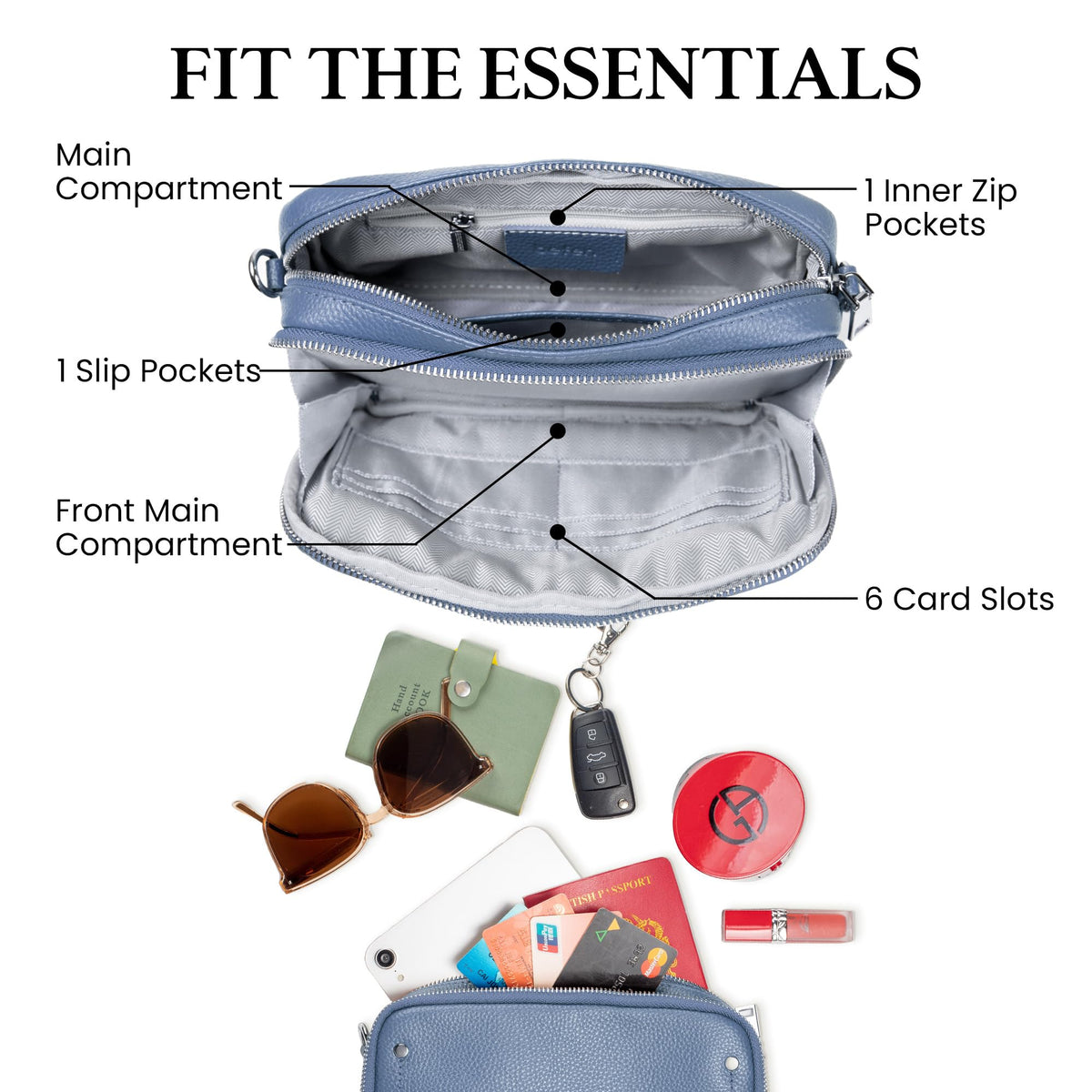 befen Genuine Leather Crossbody Bags for Women, Purses with Built in RFID Wallet Woman Camera Shoulder Bag Handbags Anti Theft Cross Over body Purses with Adjustable Strap, Grey Blue