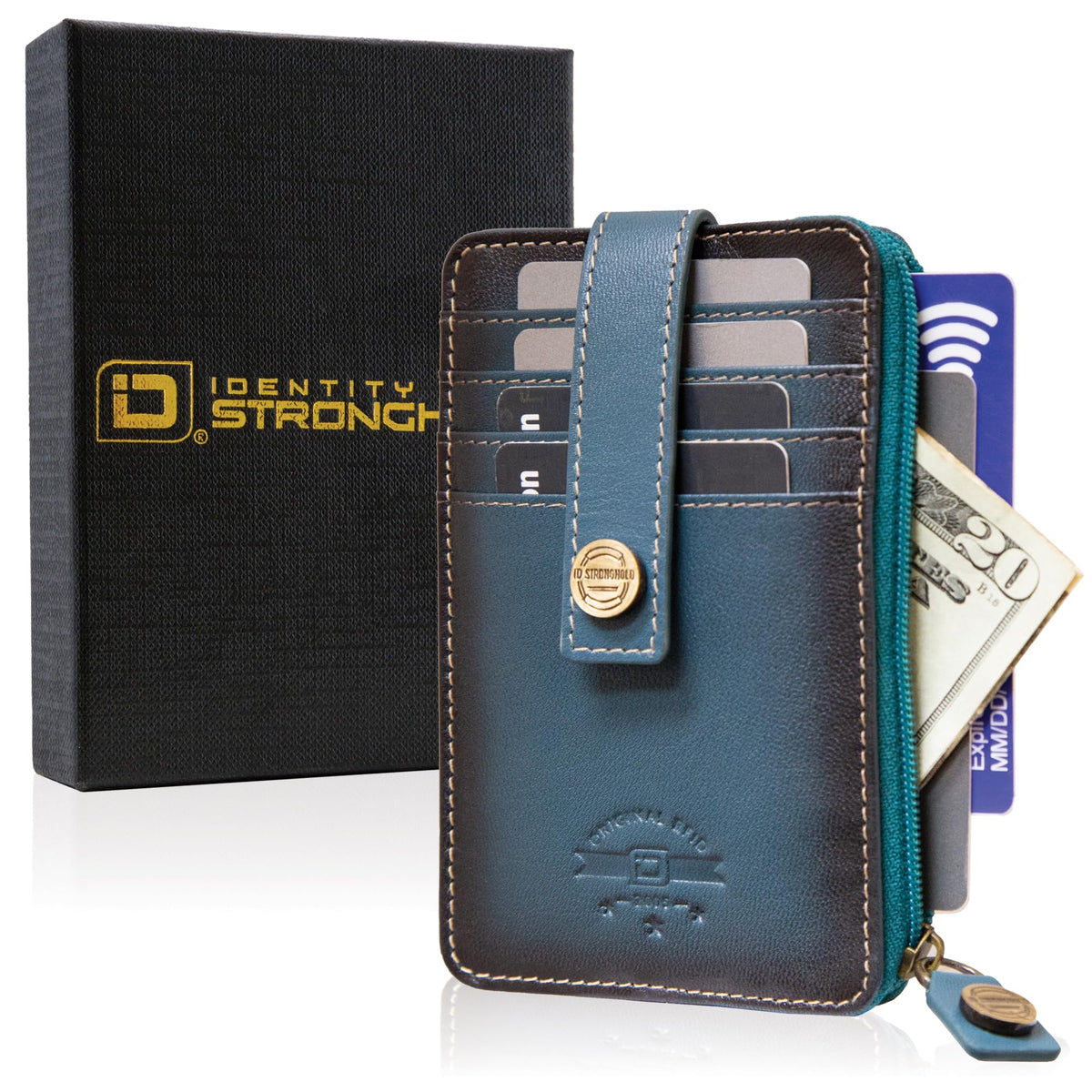ID Stronghold RFID Blocking Front Pocket Wallet – Slim Minimalist Genuine Leather Wallet with Zipper Coin Pocket (Mega Blue)