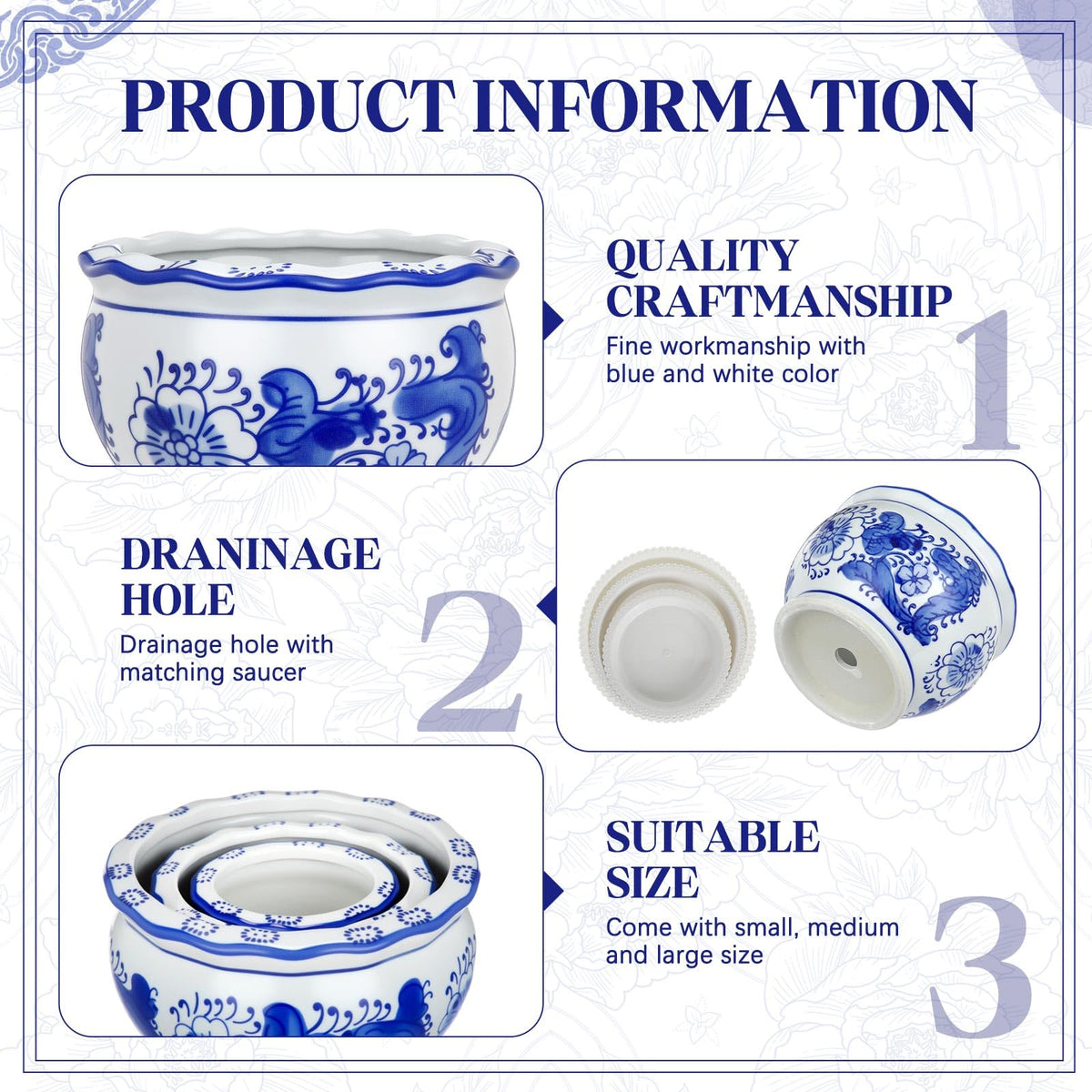 Briwooody Set of 3 Blue and White Porcelain Flower Pots 7.2'' 6'' 4'' Decorative Chinoiserie Plant Pots with Drainage Hole Saucers Ceramic Planters for Indoor Garden(Elegant Style)