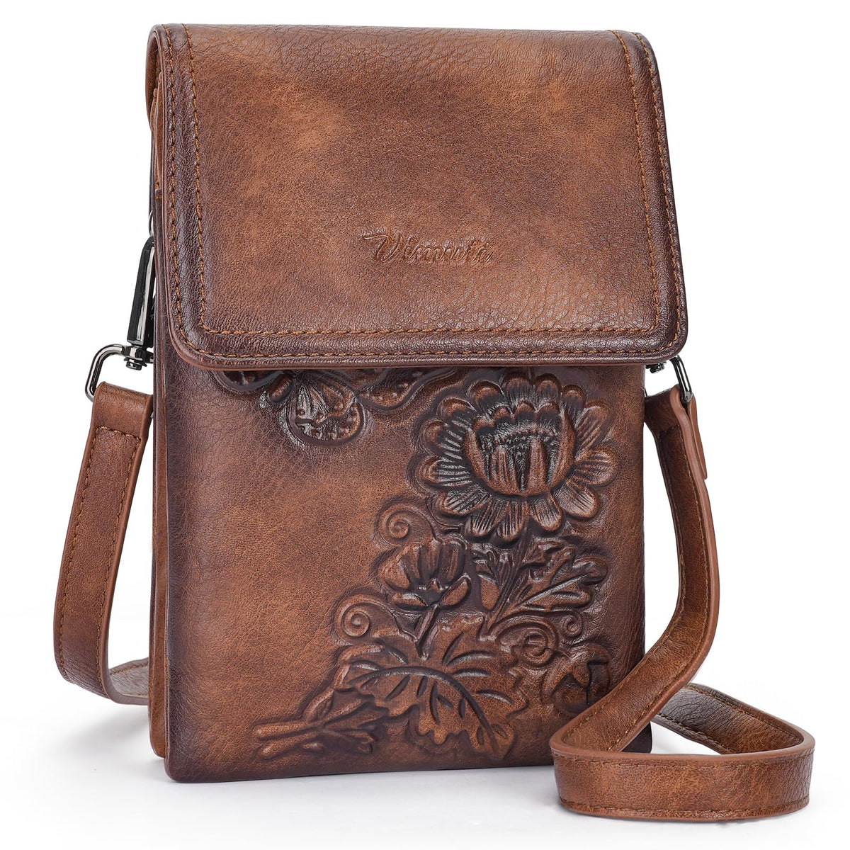 VIMUTI Small Crossbody Bags for Women Trendy Vegan Leather Cell Phone Bag Embossed Flower Design Wallet Purses with Strap (01-Brown)
