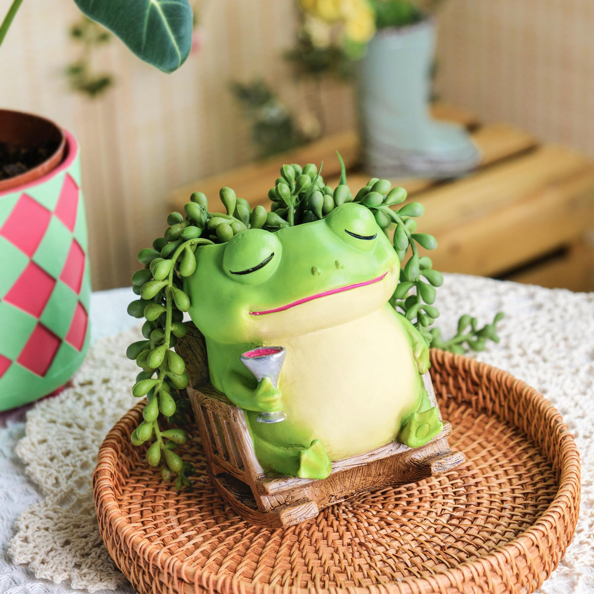 Saysmile Unique Frog Plant Pots Indoor, Cute Small Succulent Pots with Drainage Hole, Rocking Chair Planters for Outdoor Indoor Plants, Resin Flower Pot for String of Pearls, Gift Ideas for Mother