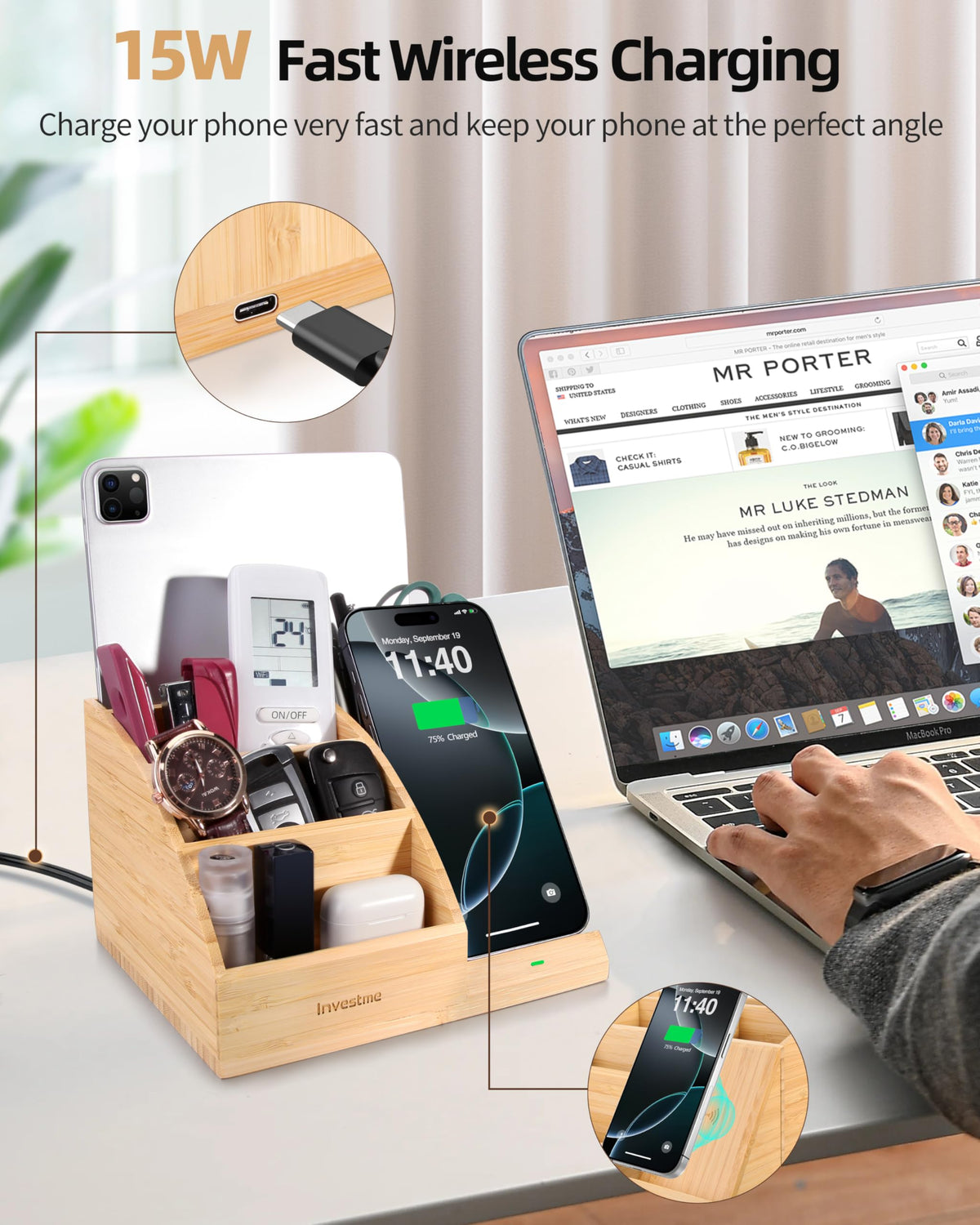 Bamboo Pen Holder with Wireless Charger, Desk Organizer with 5 Compartments for Home Office Supplies Compatible with iPhone & Samsung Series