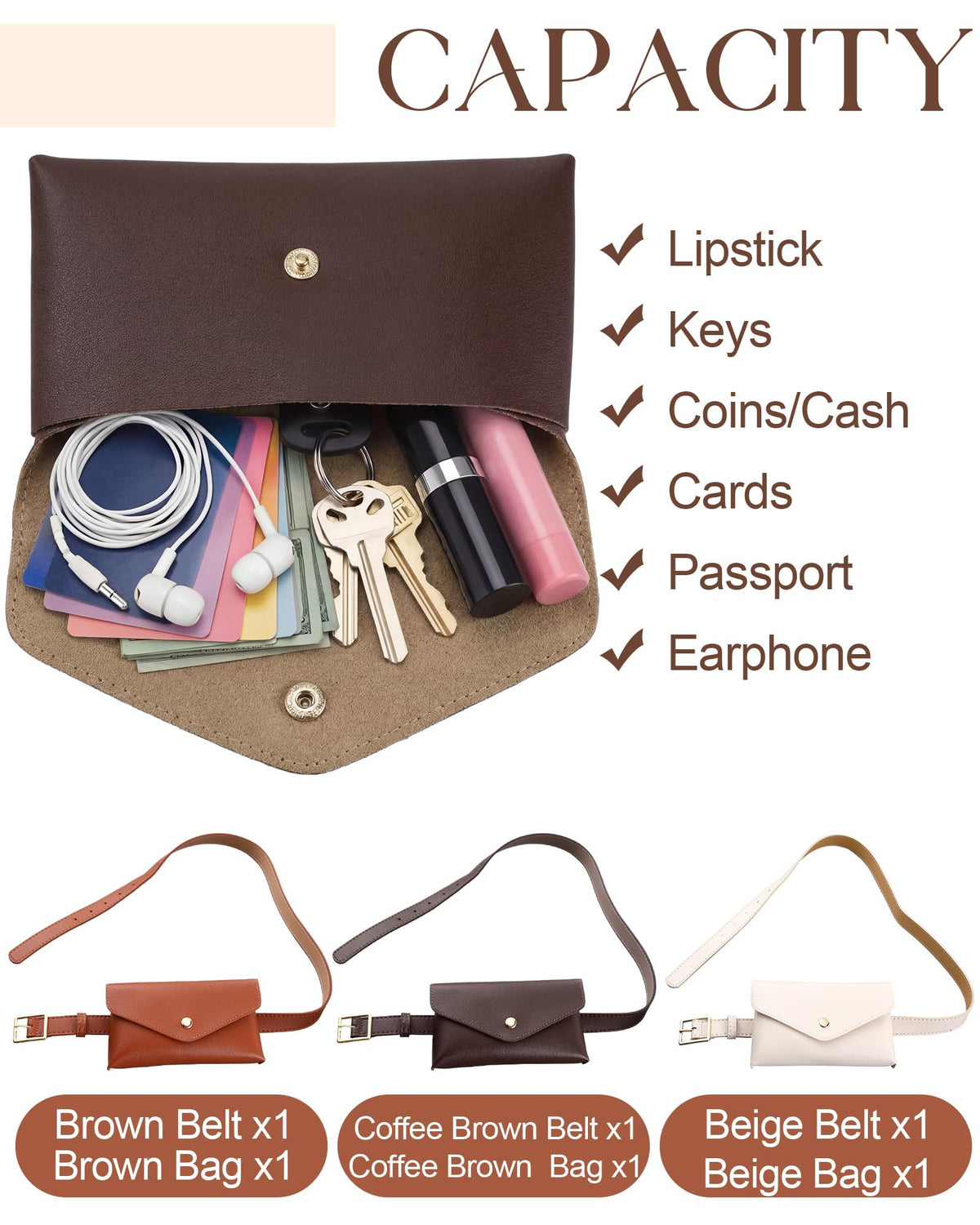 Shihanee 3 Pcs PU Leather Waist Belt Bags for Women Adjustable Fashion Mini Waist Pouch Equestrian Belt Bags for Fashion Party Riding Hiking Daily Use Y2k Accessory (Beige,Brown,Coffee)