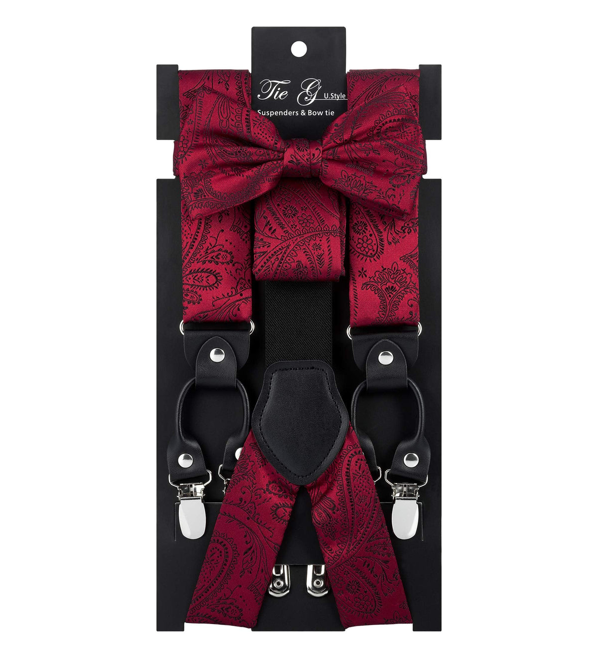 TIE G Paisley Suspender, Bow Tie, Pocket Square Set for Men's Tuxedo Suspenders : Adjustable Braces, Strong Enhanced 6 Clips (A Wine Paisley)