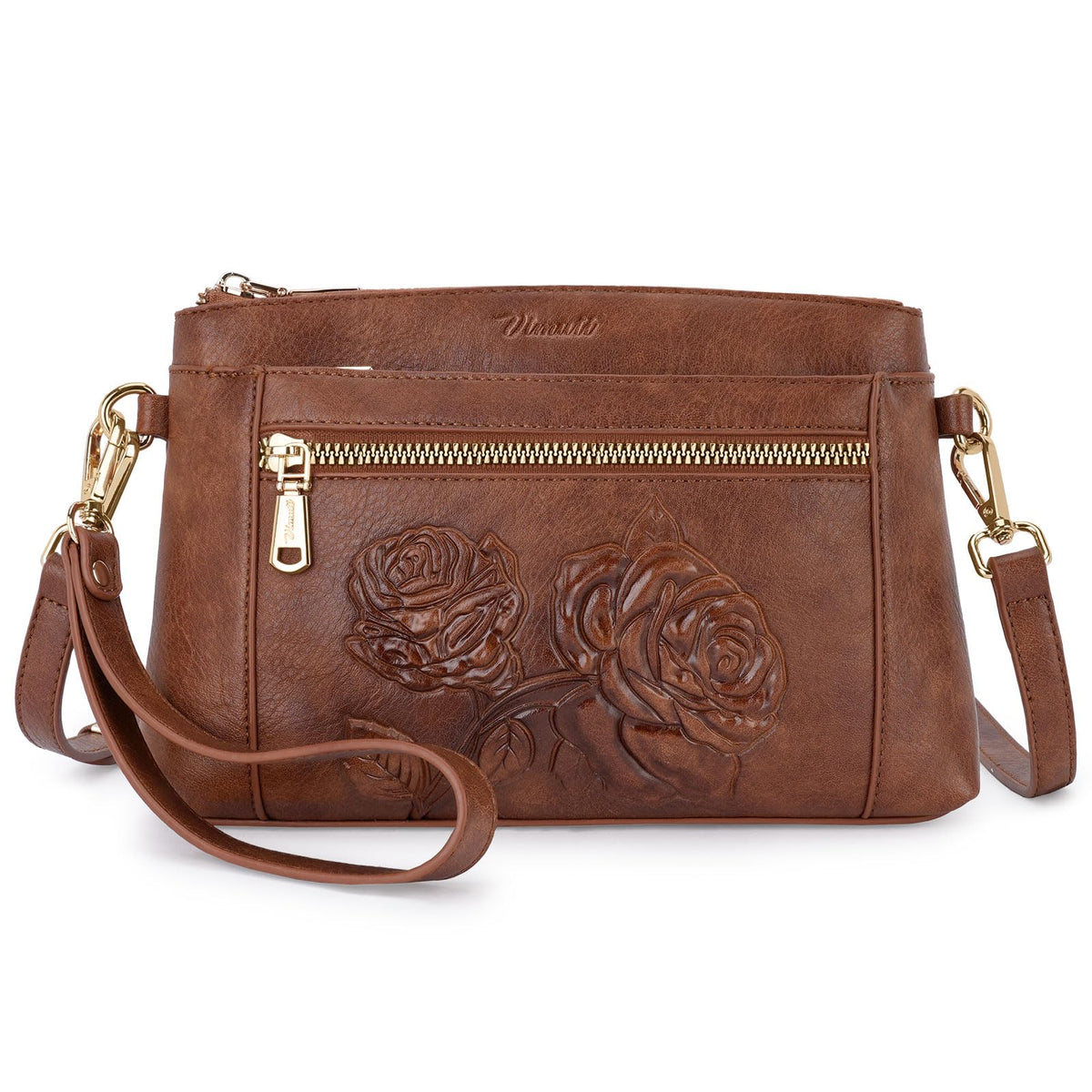 VIMUTI Vegan Leather Wristlet Wallet Purse for Women Small Clutch Purse with 2 Straps,Embossed Crossbody Cell Phone bag (Brown)