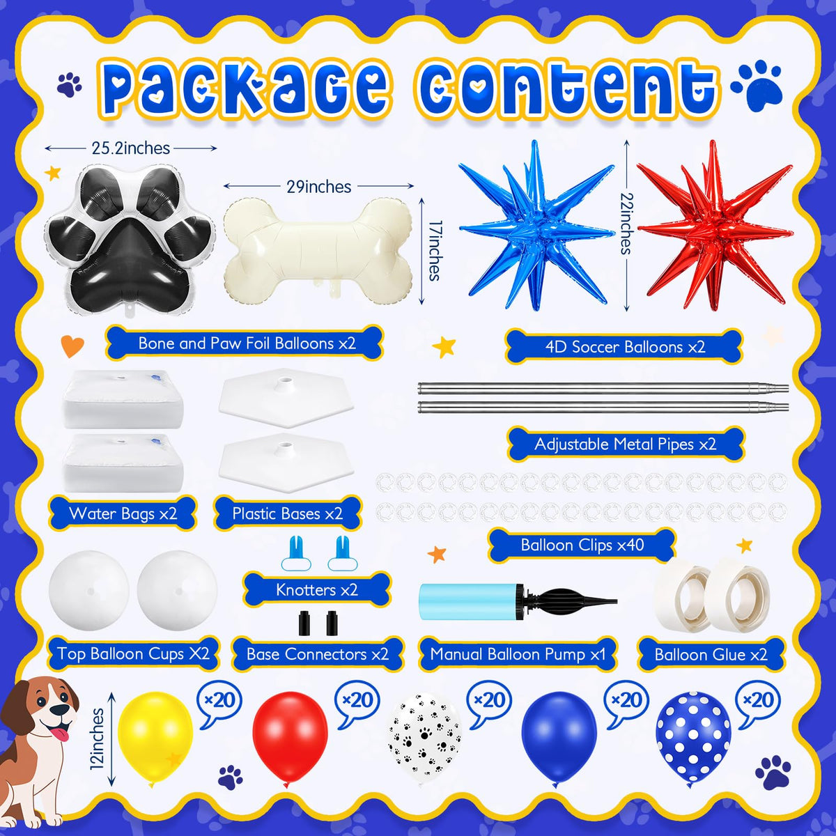 Kasyat 2 Sets Dog Paw Balloon Column Stand Kit Red Yellow Blue Paw Print Polka Dot Bone Shaped Balloon Arch Garland Kit with Stand for Dog Birthday Decorations Puppy Men