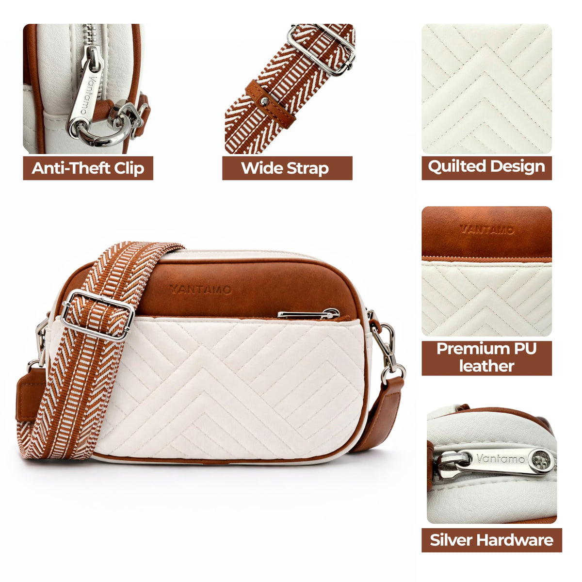 Vantamo Premium Quilted Crossbody Bags for Women with Anti-Pickpocket Clip, Vegan Leather Handbags, Travel Purses for Women