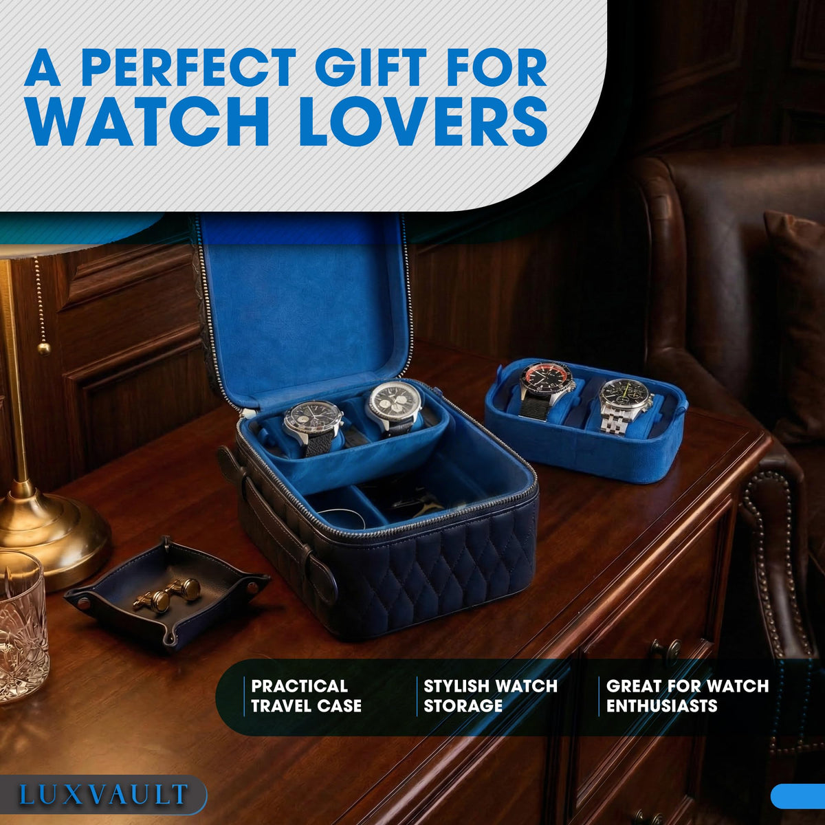 LUXVAULT Travel Watch Case - Luxury Watch Box Organizer, Leather Mens Jewelry box Organizer with Ultra-Suede Lining, 4-Slot watches case with Sliding Cushion System & Compartments for Sunglasses