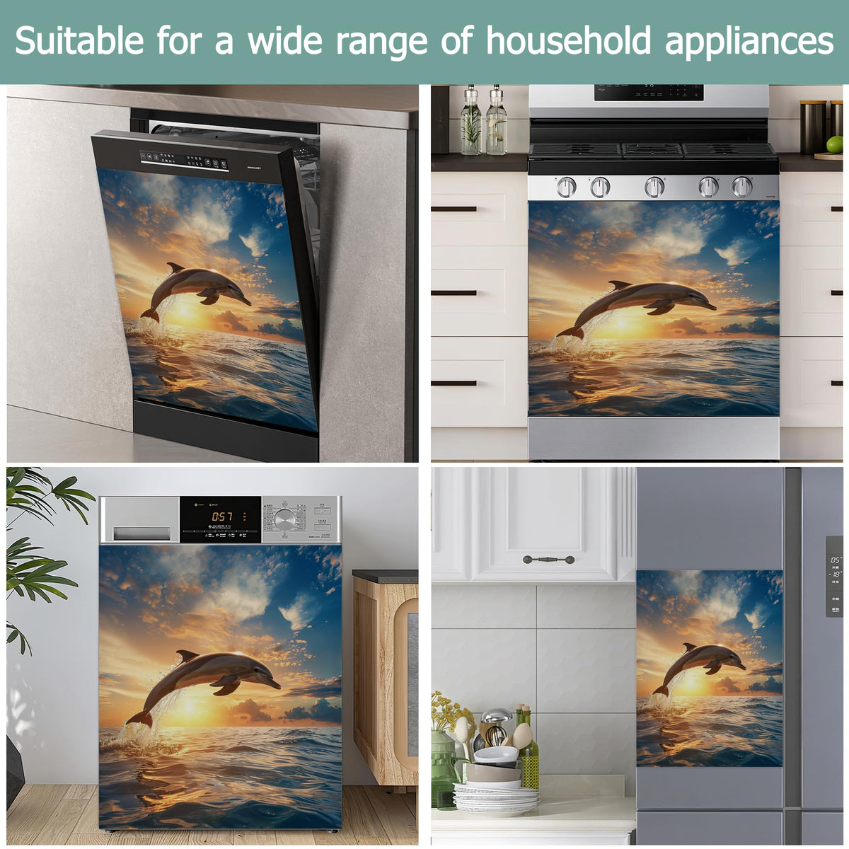 Jumping Dolphins Refrigerator Magnet Cover,Ocean Sunset Washable Dishwasher Magnets Decorative Cover,Home Kitchen Decorative Dishwasher Front Panel Cover 23x26 Inch