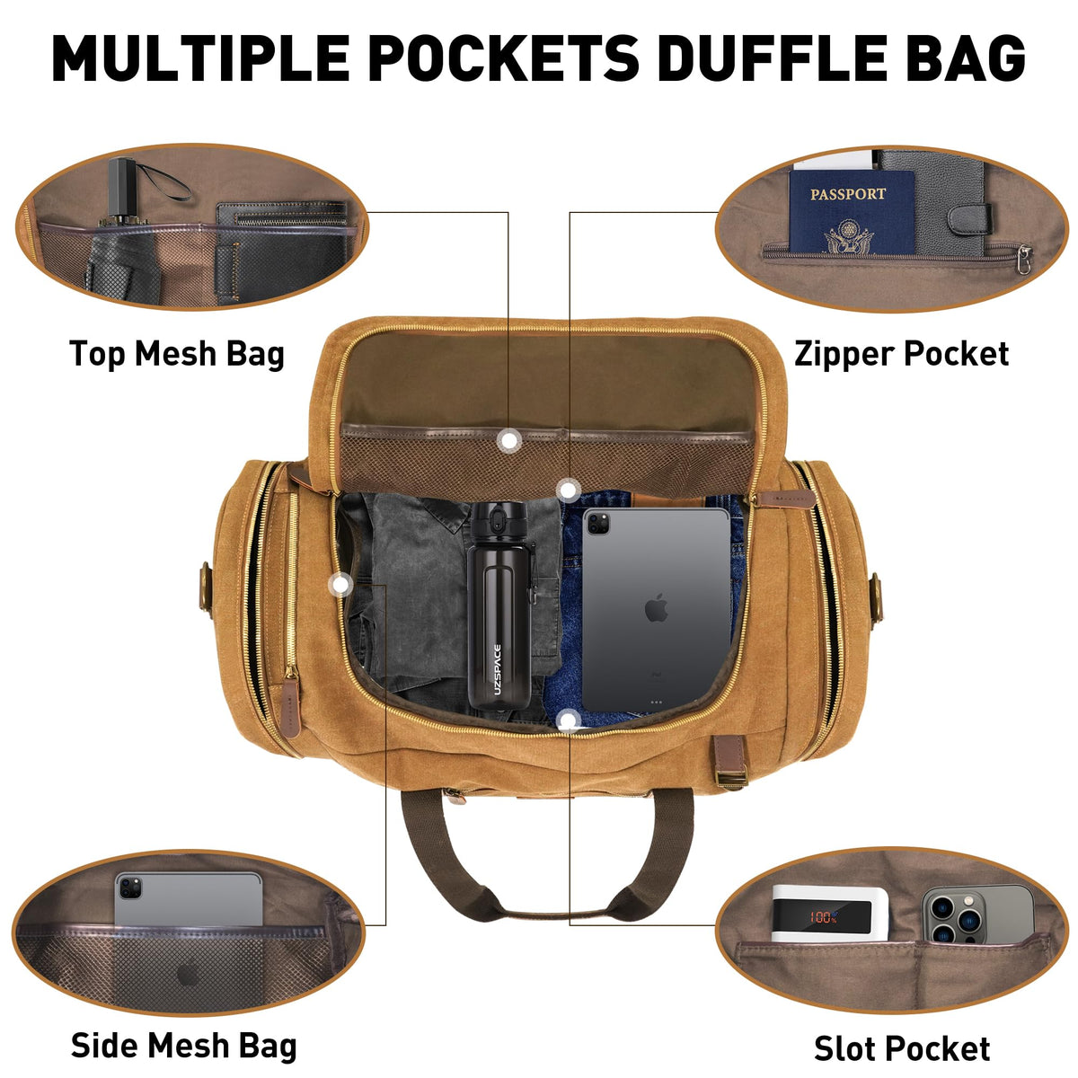 Densata 60L Travel Bags for Men, Nomad Canvas Duffle Bag Vintage Genuine Leather Travel Duffel Bag Multifunctional Weekender Overnight Backpack with Shoes Compartment (Coffee, X Large-60L)
