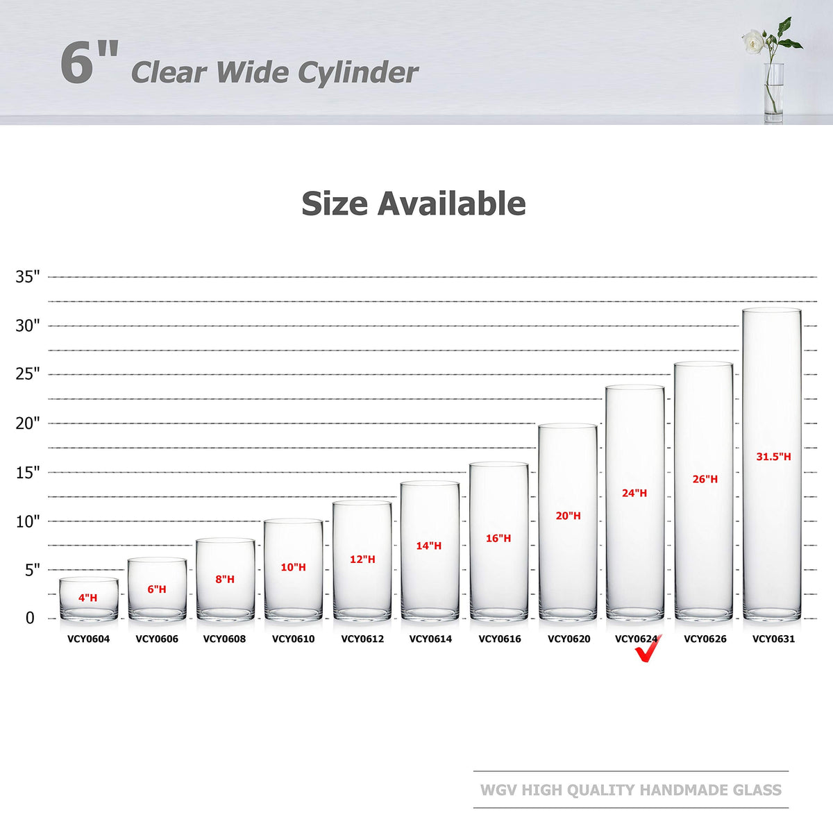 WGV Cylinder Vase Bulk, Width 6", Height 24", Clear Tall Glass Container Terrarium Candle Holder for Wedding Centerpiece, Party Event, Home Office Decor, 6 Pieces