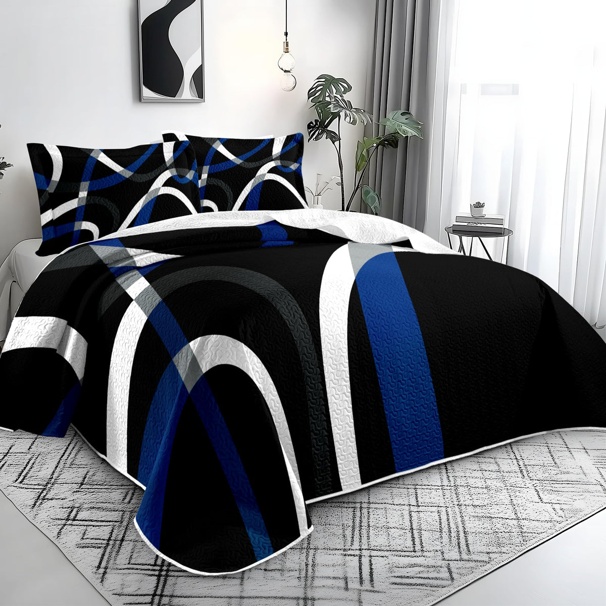 weesire Black and Blue Bedding Quilt Queen Size with 2 Shams, Modern Stripe Comforter Sets Classic Line Pattern Bedspreads Grey and Blue Coverlet, 90''x96''