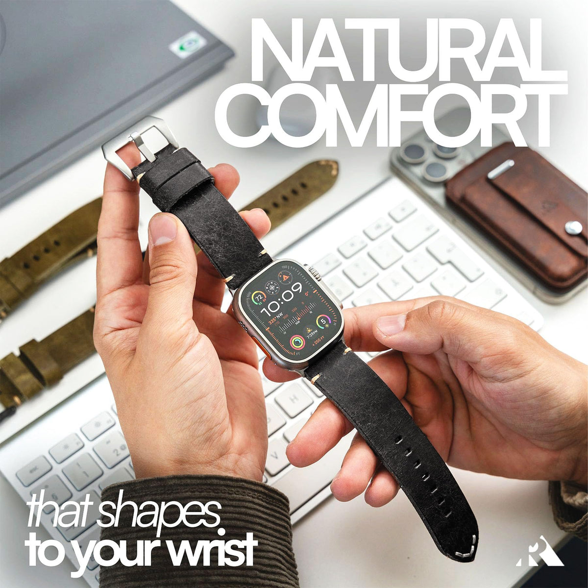 Robust Genuine Leather Watch Band for Men - Compatible with Apple Watch Bands 49mm, Black Leather Replacement Strap for iWatch Ultra 2/1 SE, SE 2 Series 10 9 8 7 6 5 4 - With Natural Titanium Hardware